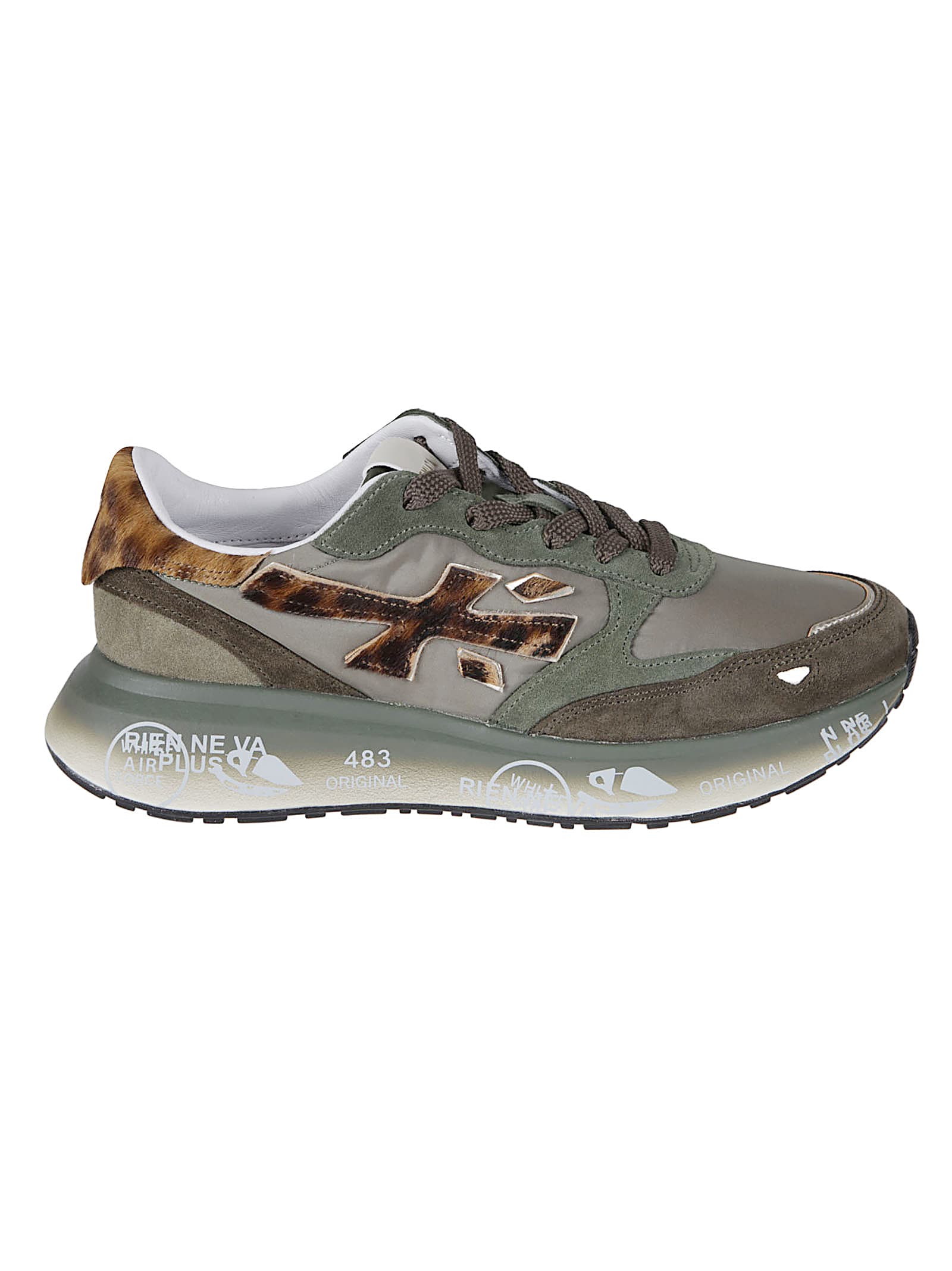 Premiata Green Technical Fabric And Suede Sneakers With Leopard-print Details In Multi