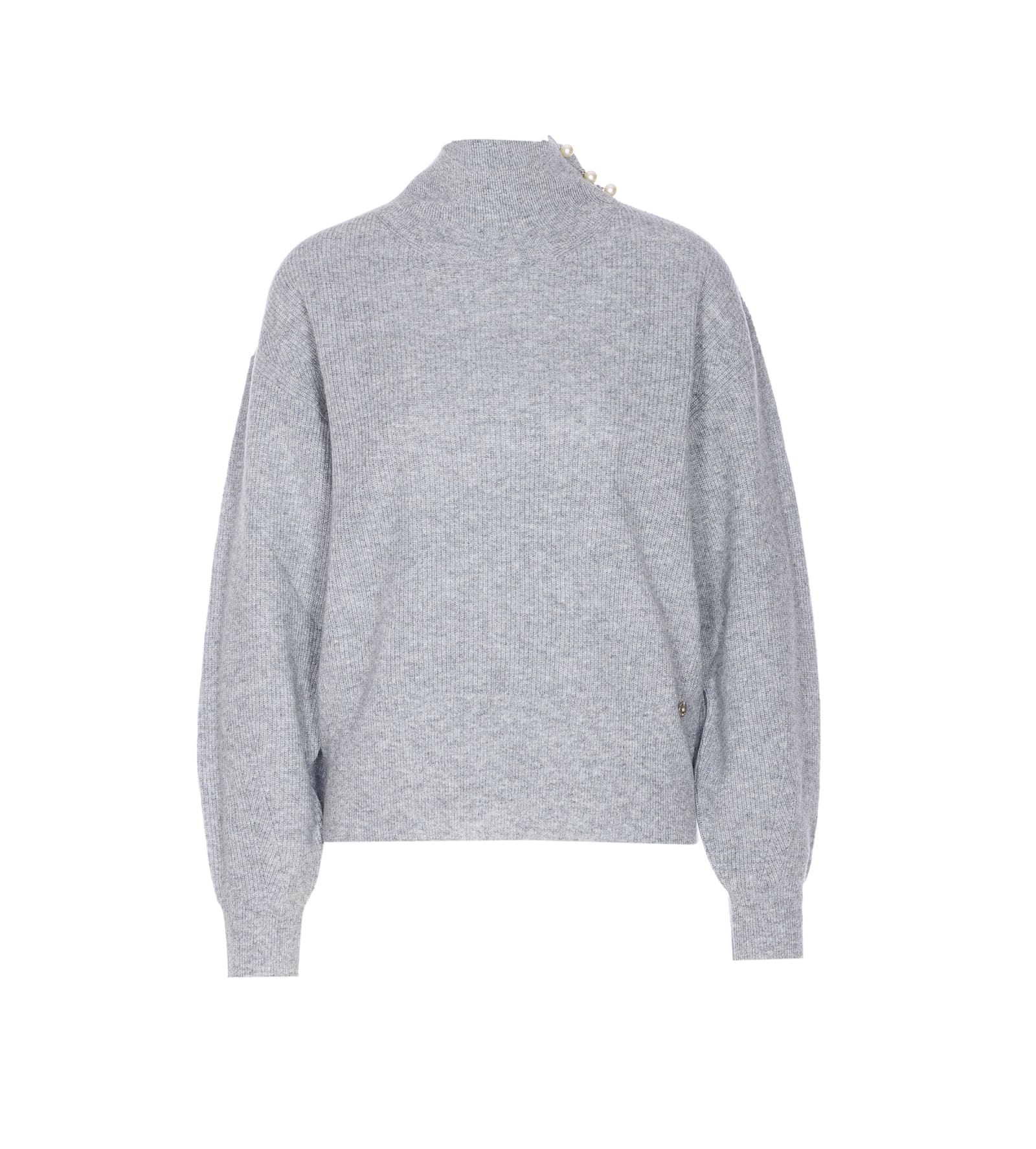 Liu •jo Ribbed Knit Sweater With Pearl Button Detail In Gray