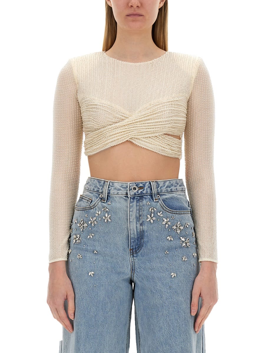 Shop Self-portrait Top Cropped In Ivory