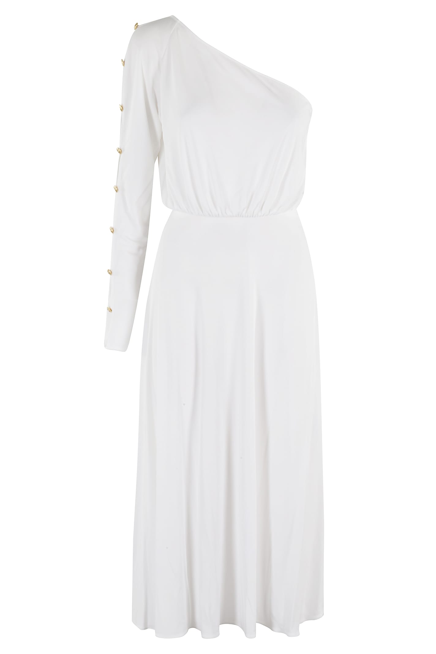 Elisabetta Franchi One-shoulder Dress In Jersey Fabric With Buttons In Avorio