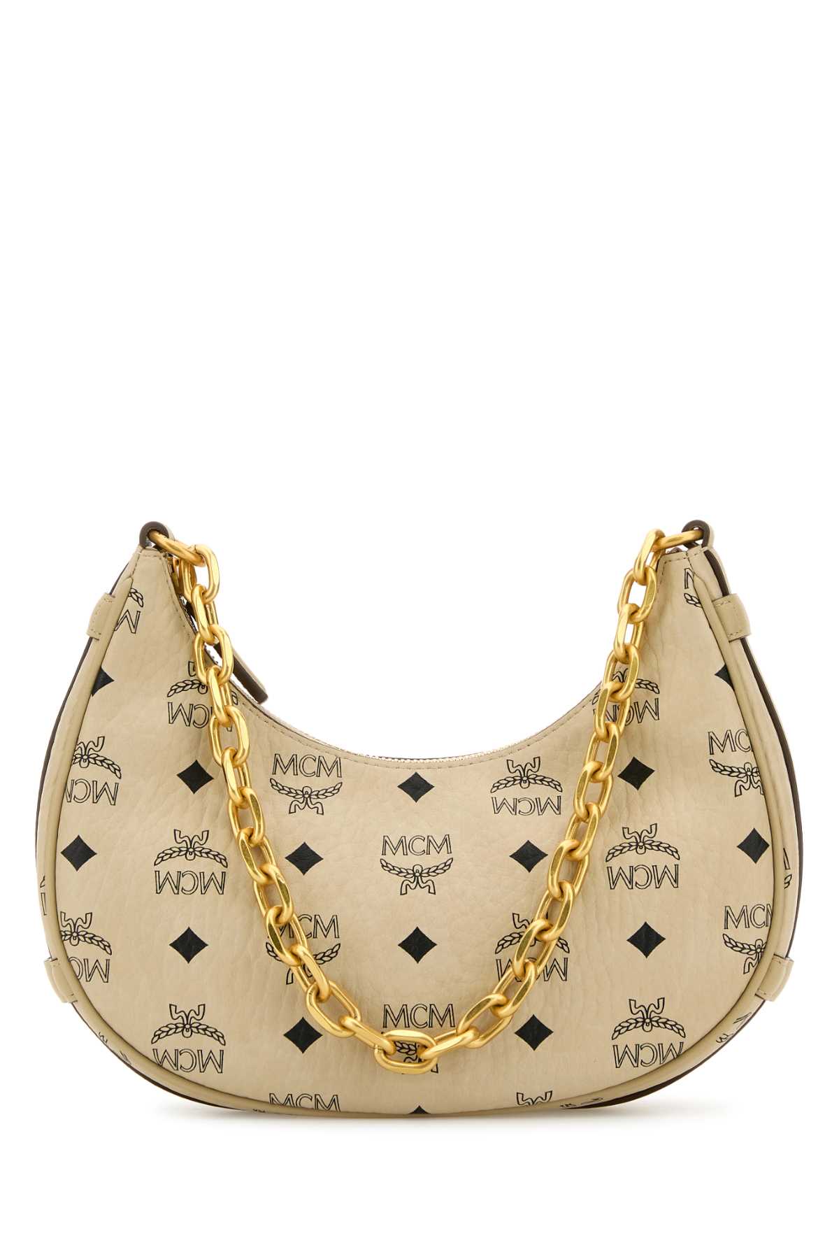 Shop Mcm Printed Canvas Aren Crescent Shoulder Bag In Beigeblacklogo