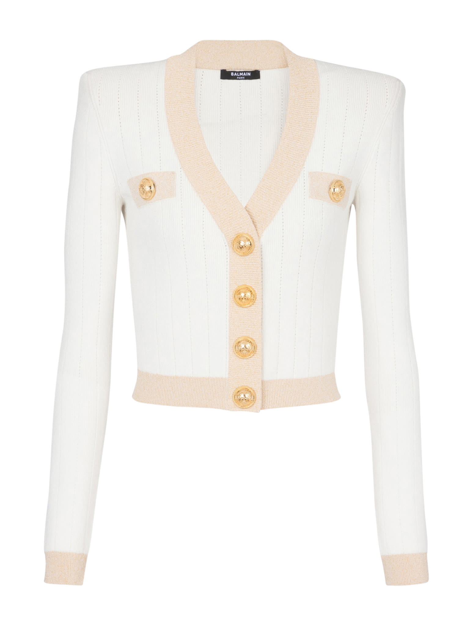 Balmain Strong-shoulder Metallic-edge Pointelle Knit Crop Cardigan In Gdk Naturel Or