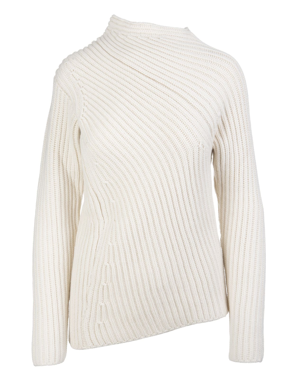 Jil Sander Ivory Asymmetrical Sweater In Ribbed Wool And Cashmere