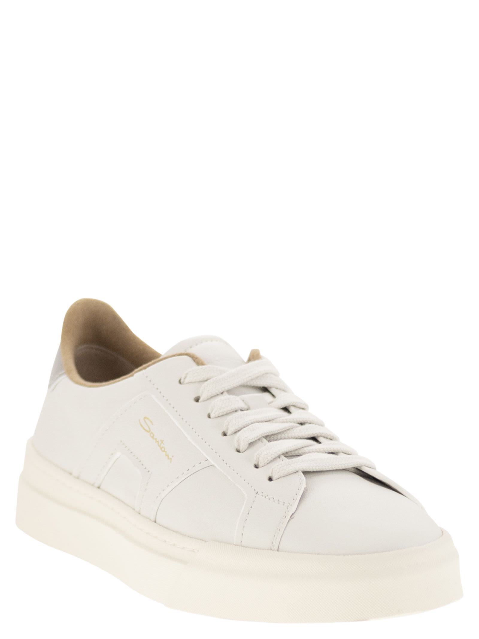 Santoni Tumbled Leather Double Buckle Trainer In White