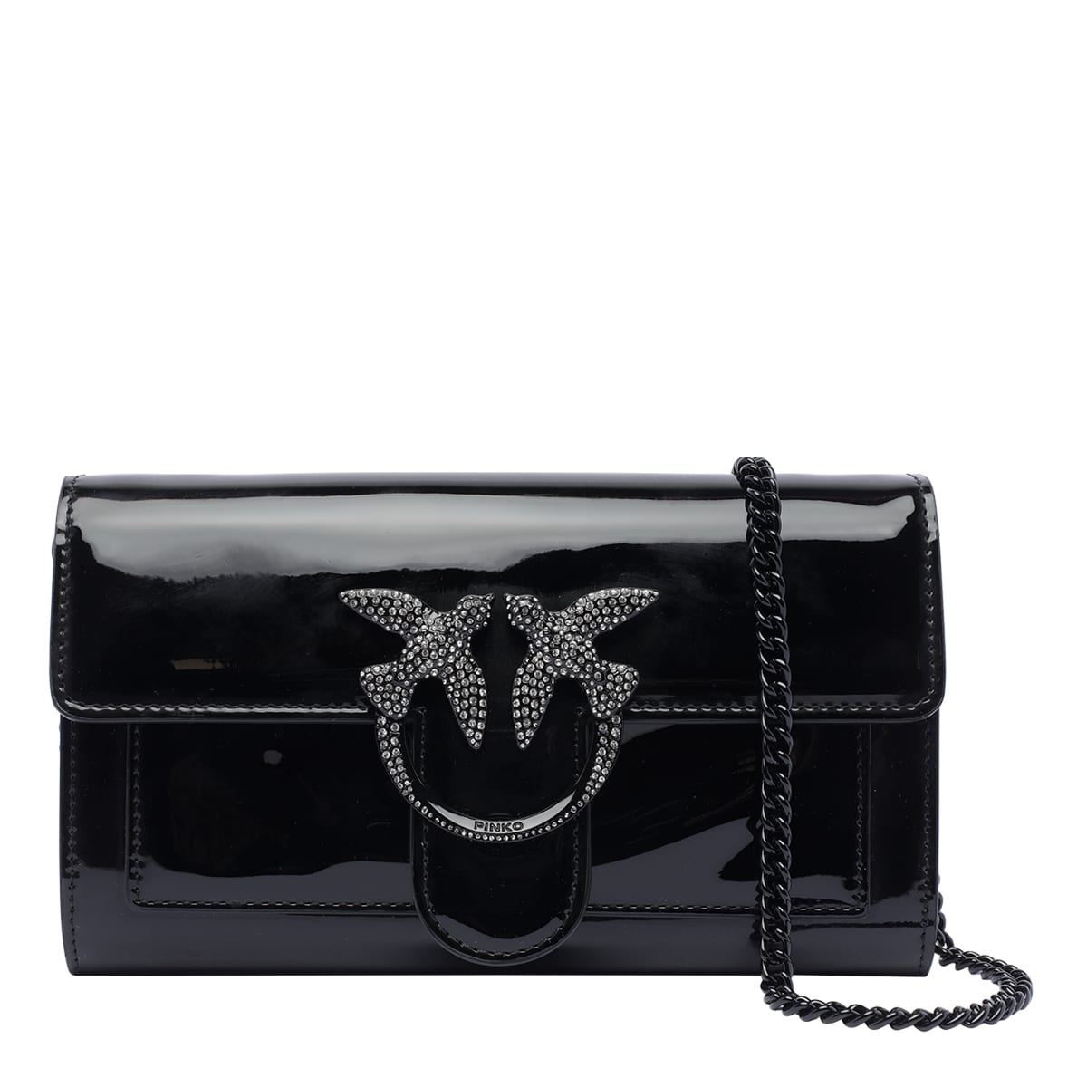 Shop Pinko Bird Buckle Chain Wallet In Nero Limousine Block Color