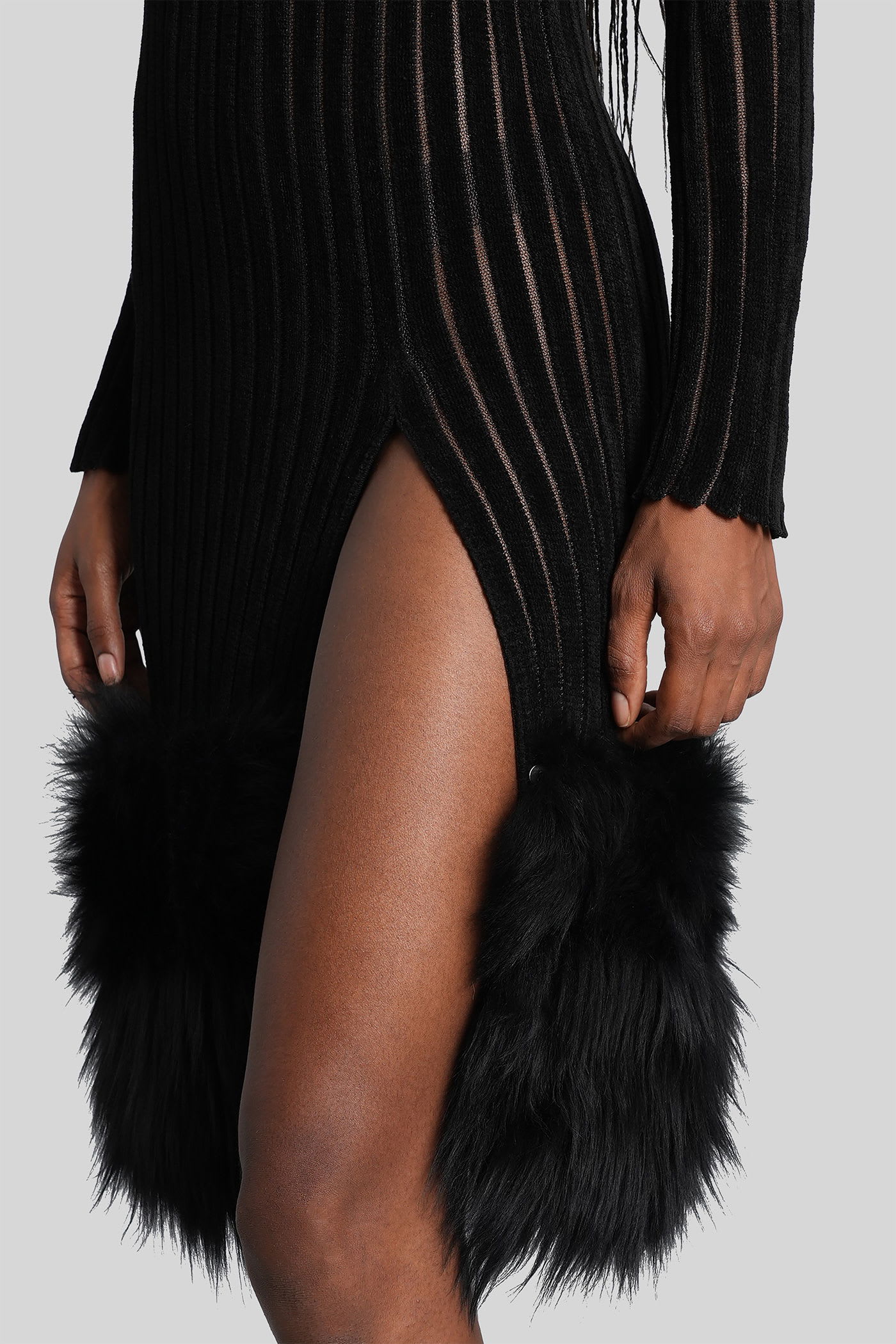 Blumarine Knit Faux Fur-trimmed Midi Dress In Black