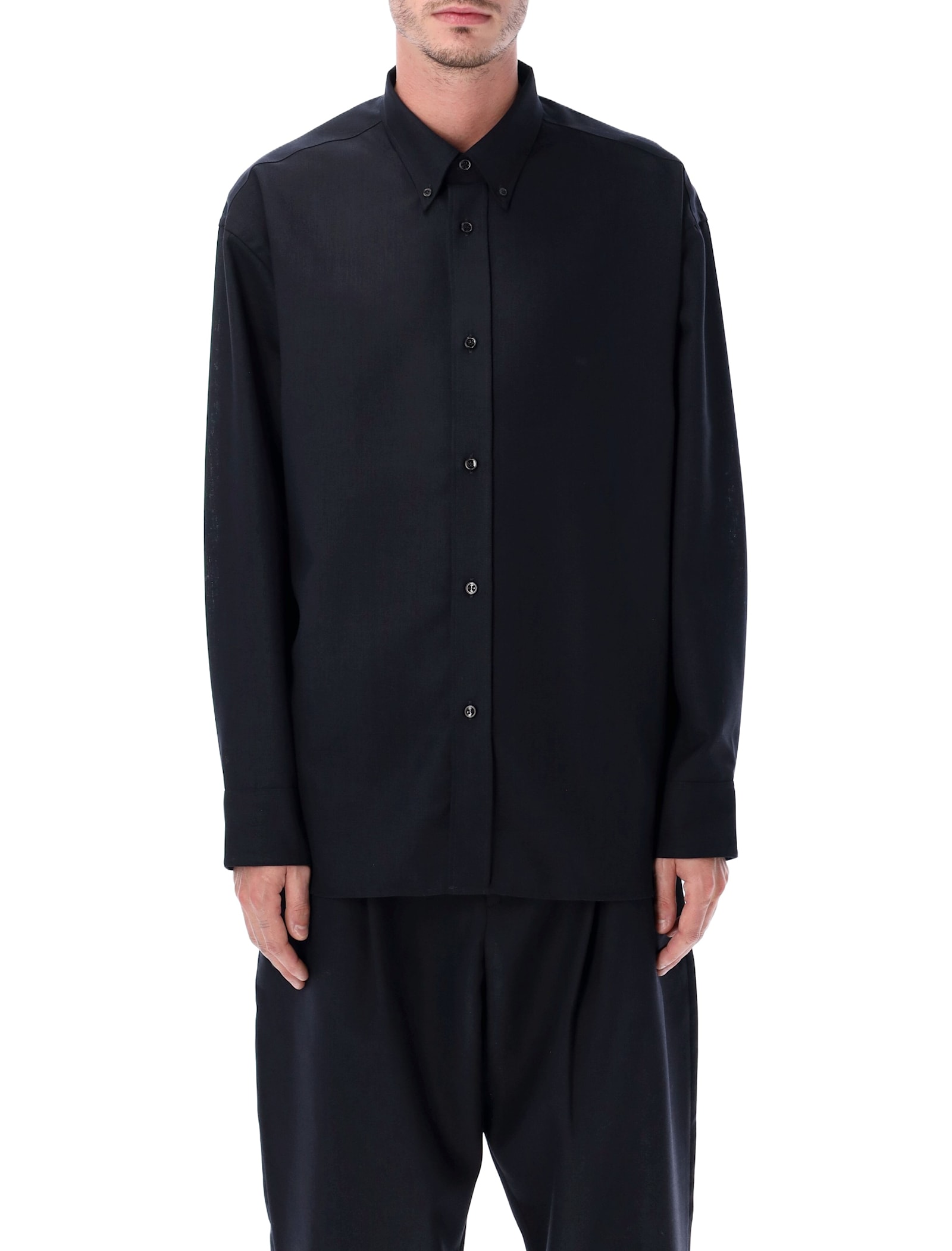 Studio Nicholson Oversized Wool Navy Blue Shirt In Blue