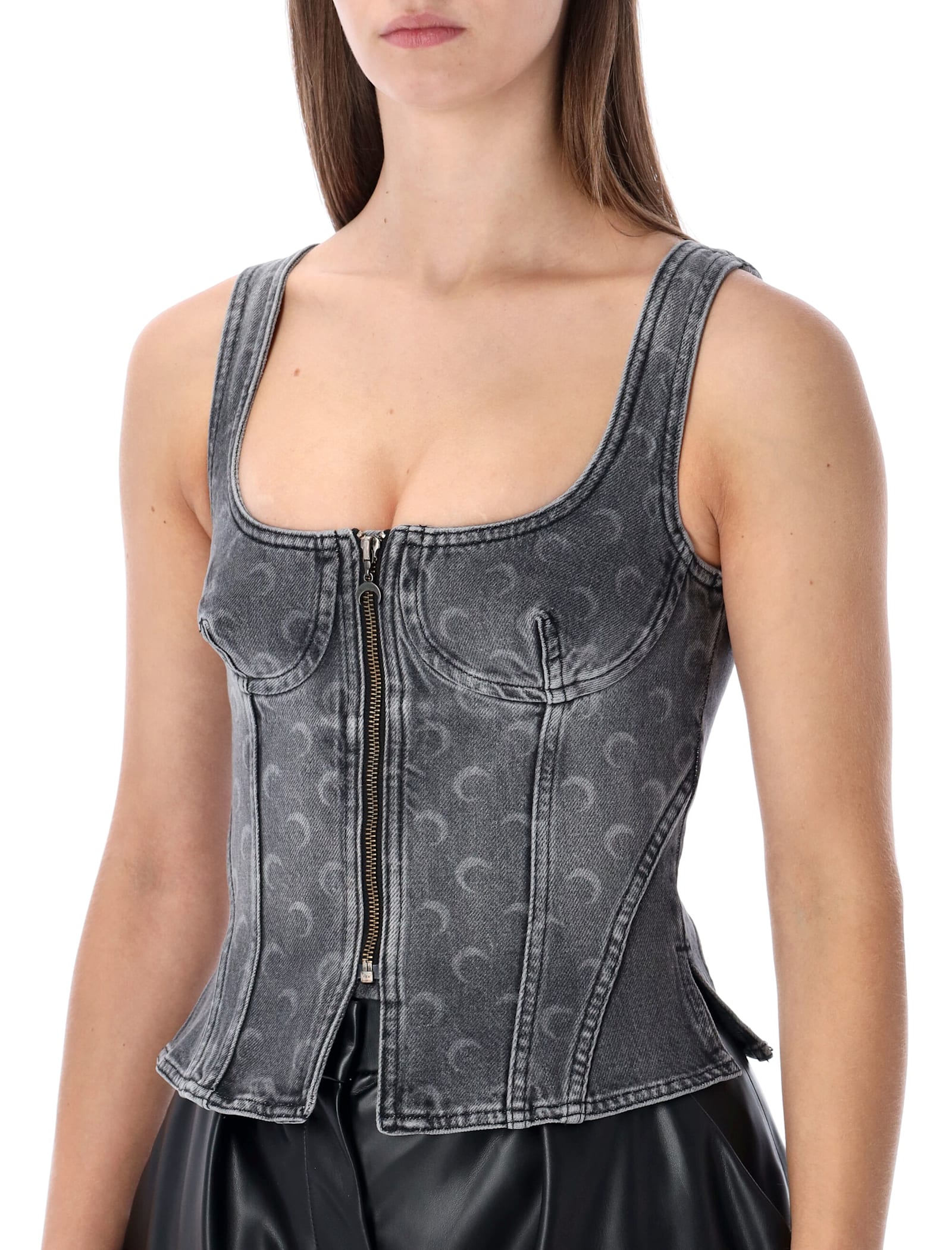 Marine Serre Moon Laser Grey Washed Denim Bustier Top In Gray