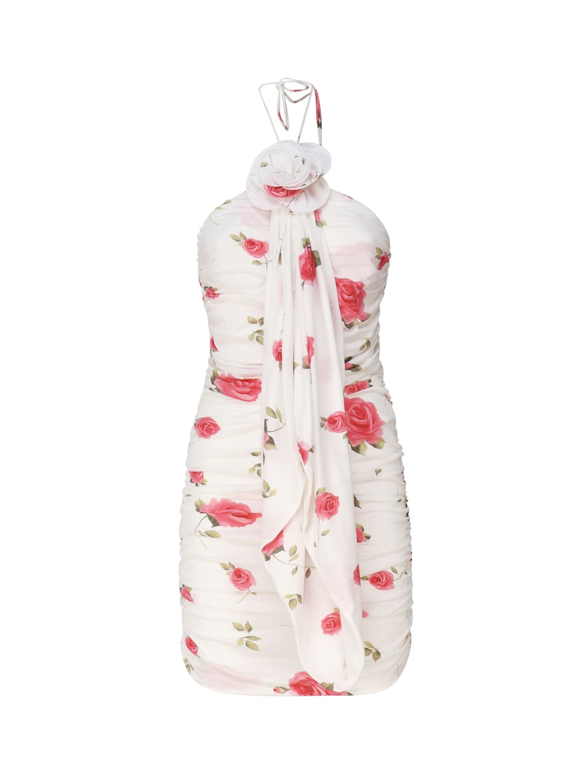 Wrap Dress With Ruched Floral Applique And Cream Print