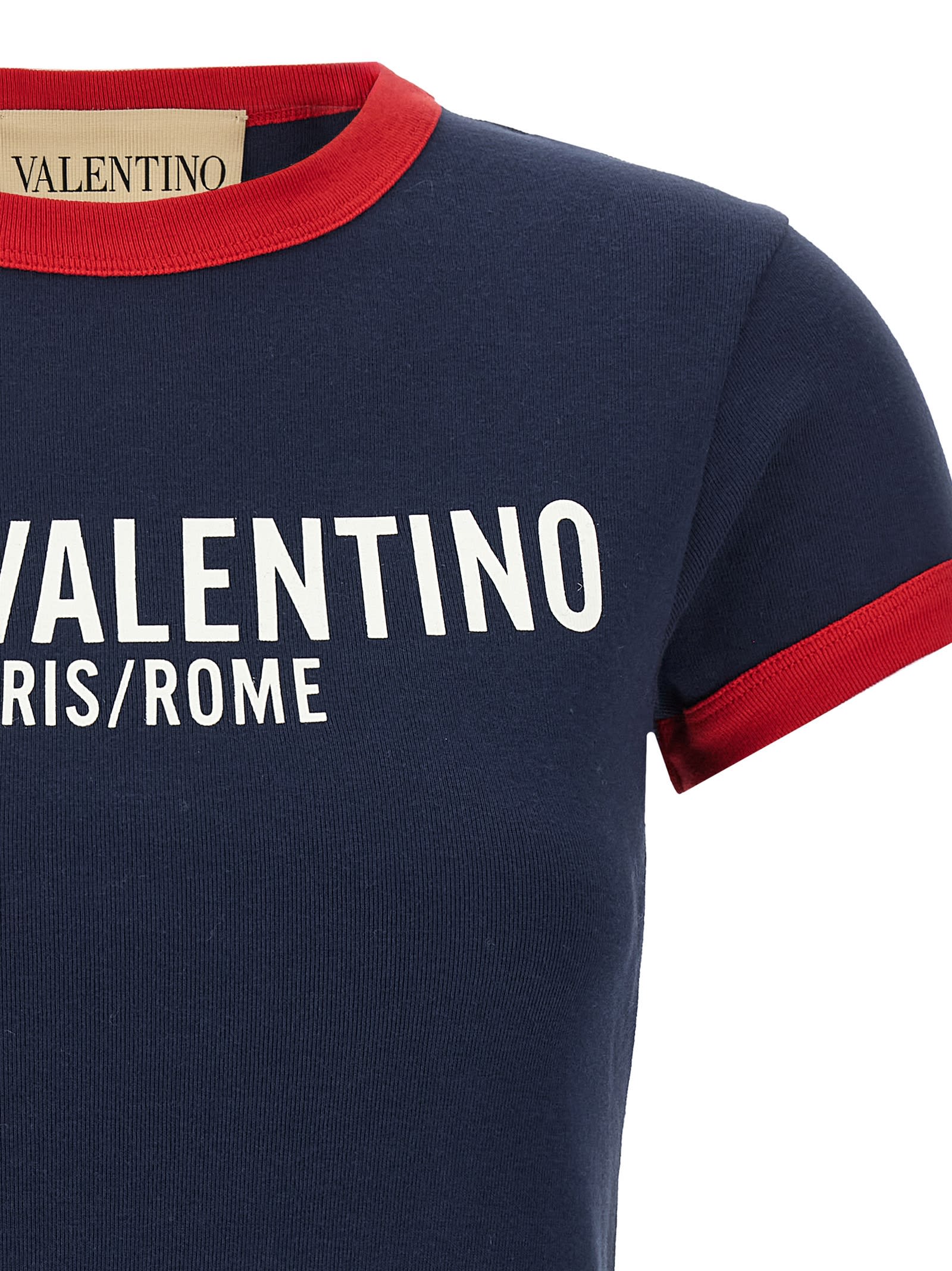 Valentino Crew Neck Cotton T-shirt With Contrast Trim In Blue