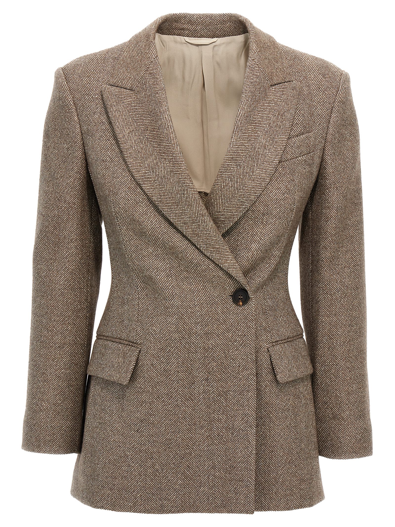 Shop Brunello Cucinelli Chevron Double-breasted Blazer In Brown