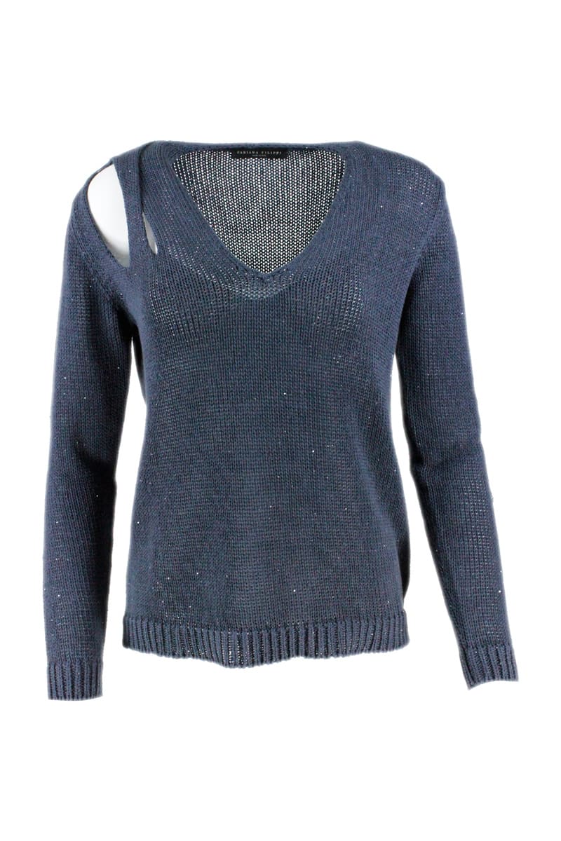 Shop Fabiana Filippi V-neck Sweater In Cotton And Linen With Woven Sequins Open On The Shoulder In Blu