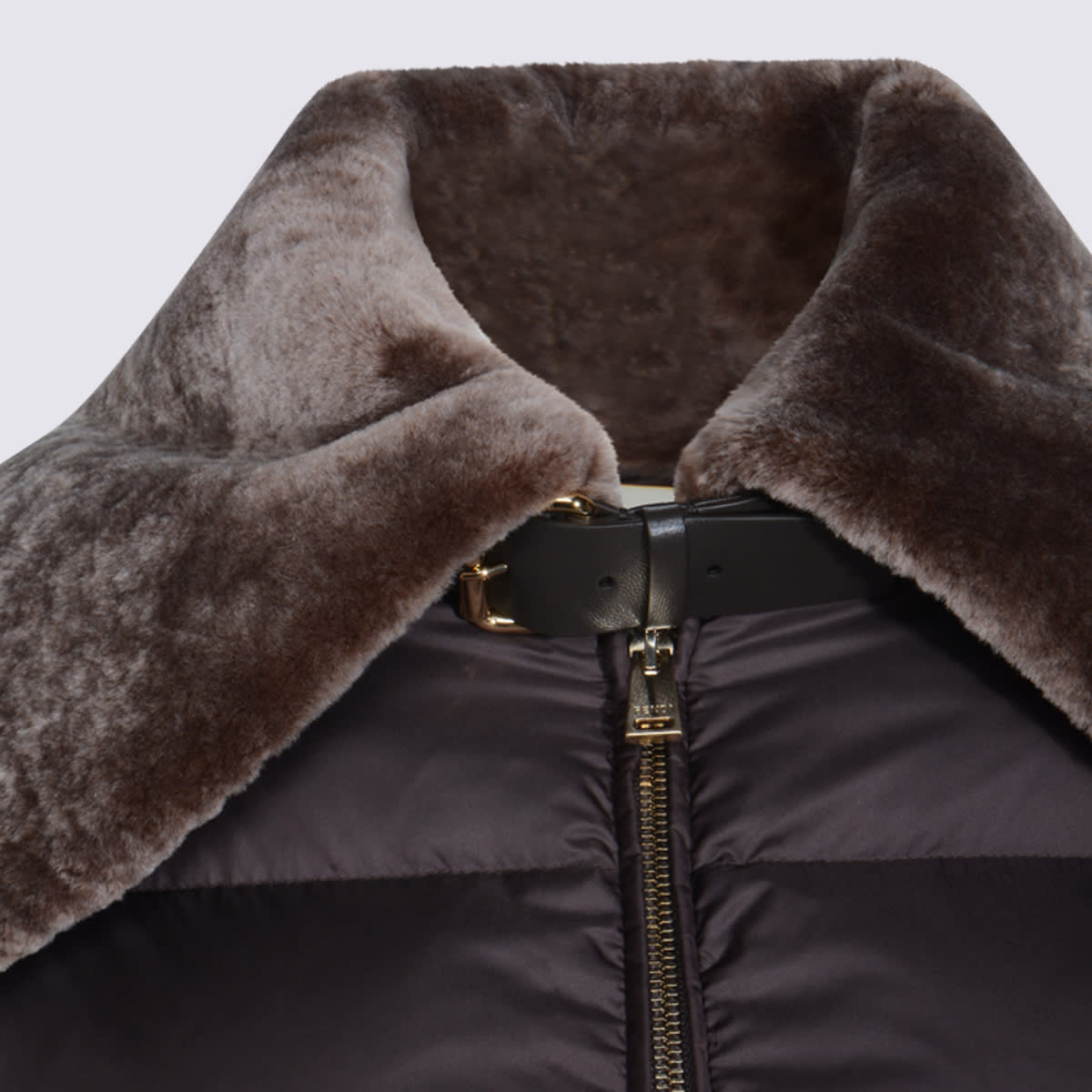 Fendi Women Brown Down Jacket With Shearling Collar And Logo Patch On The Front In Tech Fabric Woman In Brown