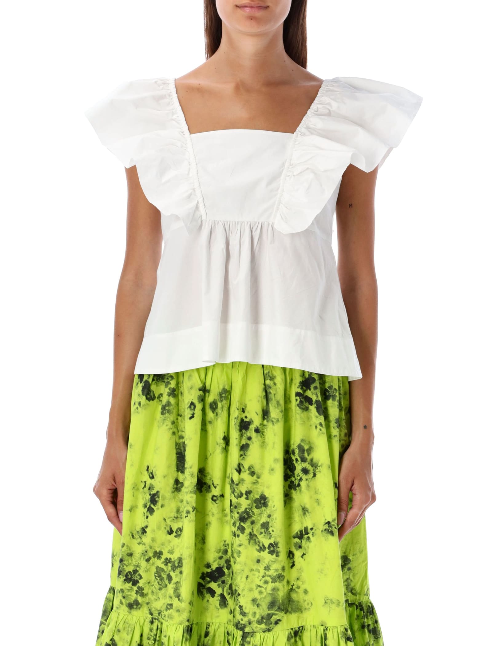 Ganni Cotton Poplin Ruffle Blouse Bright White In White
