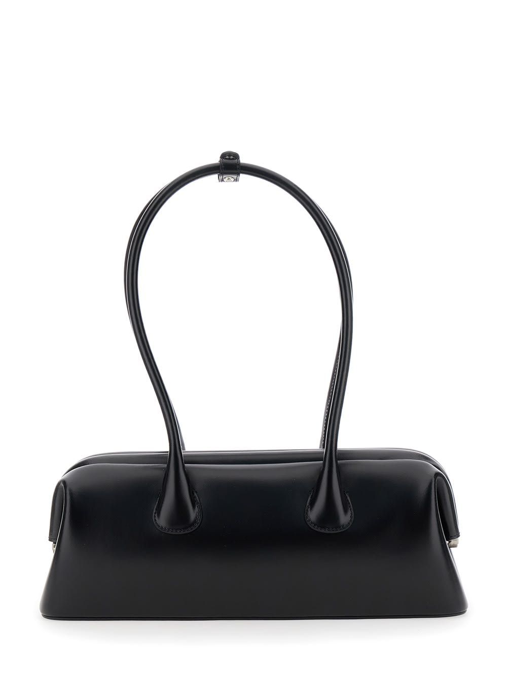 Osoi Boat Wide Black Shoulder Bag With Round Handles And Lettering Logo On The Front In Leather Woman In Black