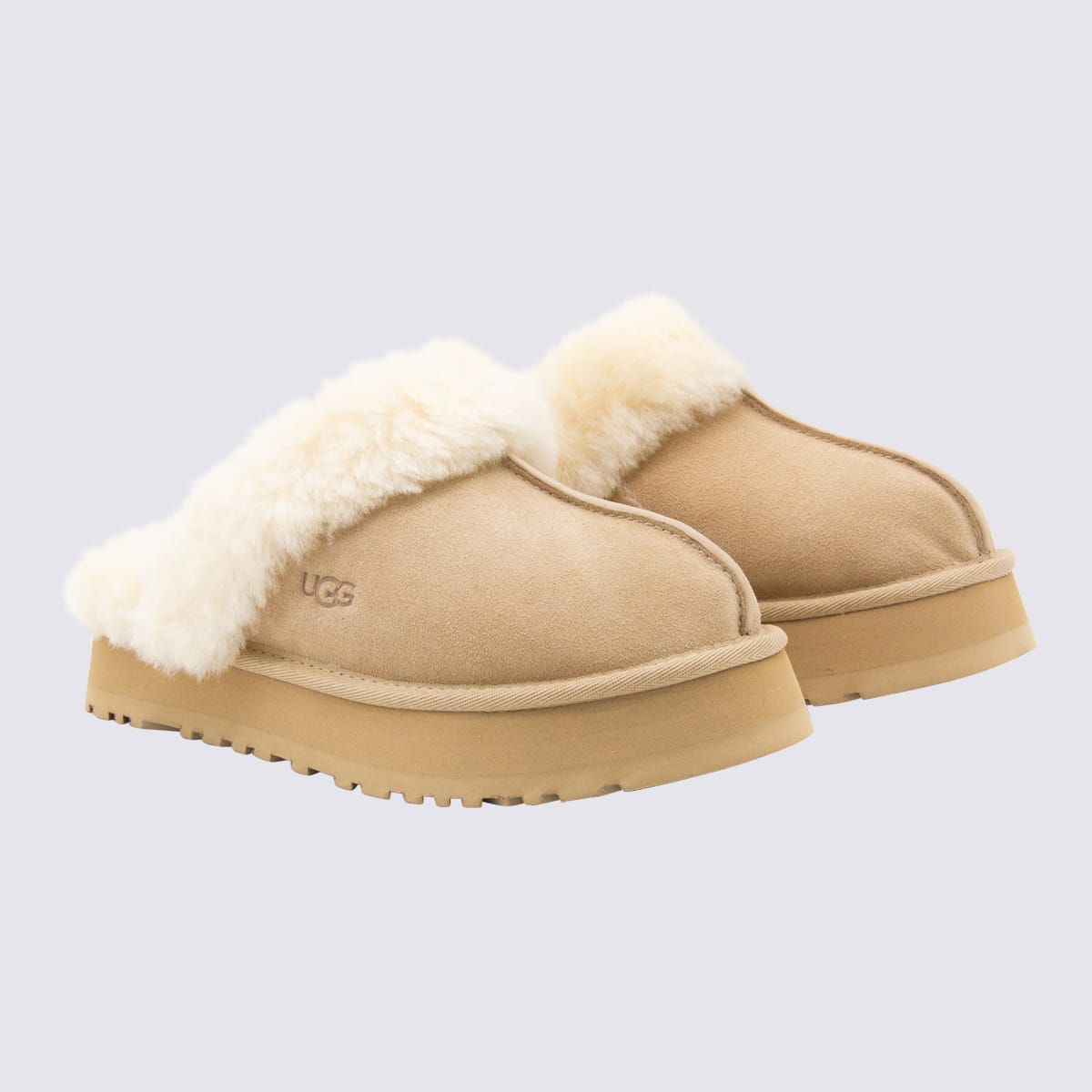 Ugg Sheepskin And Suede Slide With Plush Collar In Nude