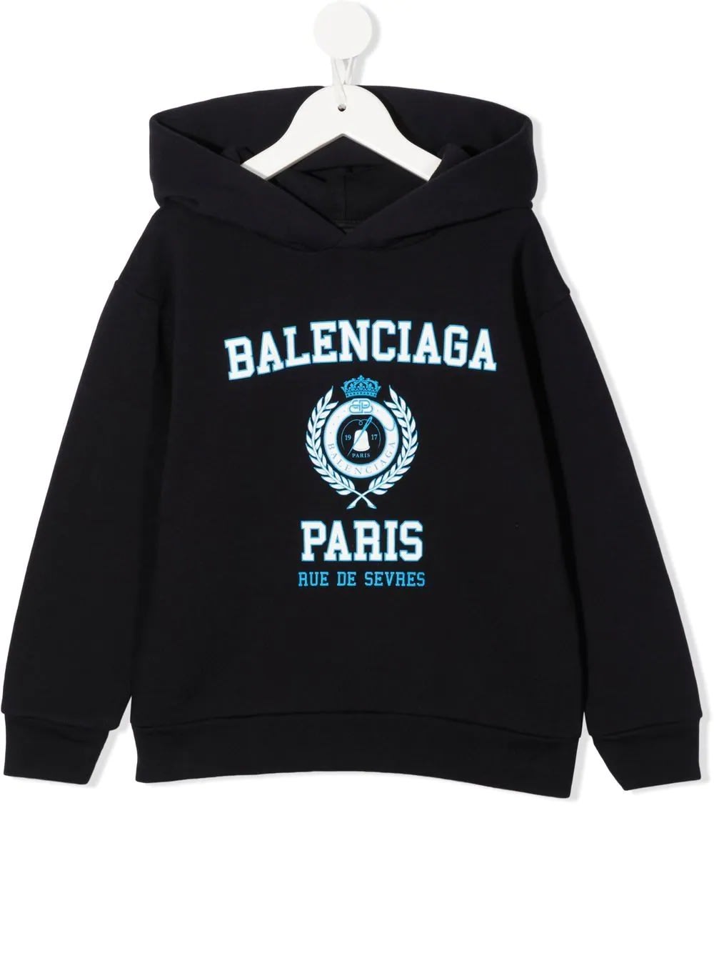 BALENCIAGA NAVY BLUE HOODIE WITH LOGO AND COAT OF ARMS PRINT