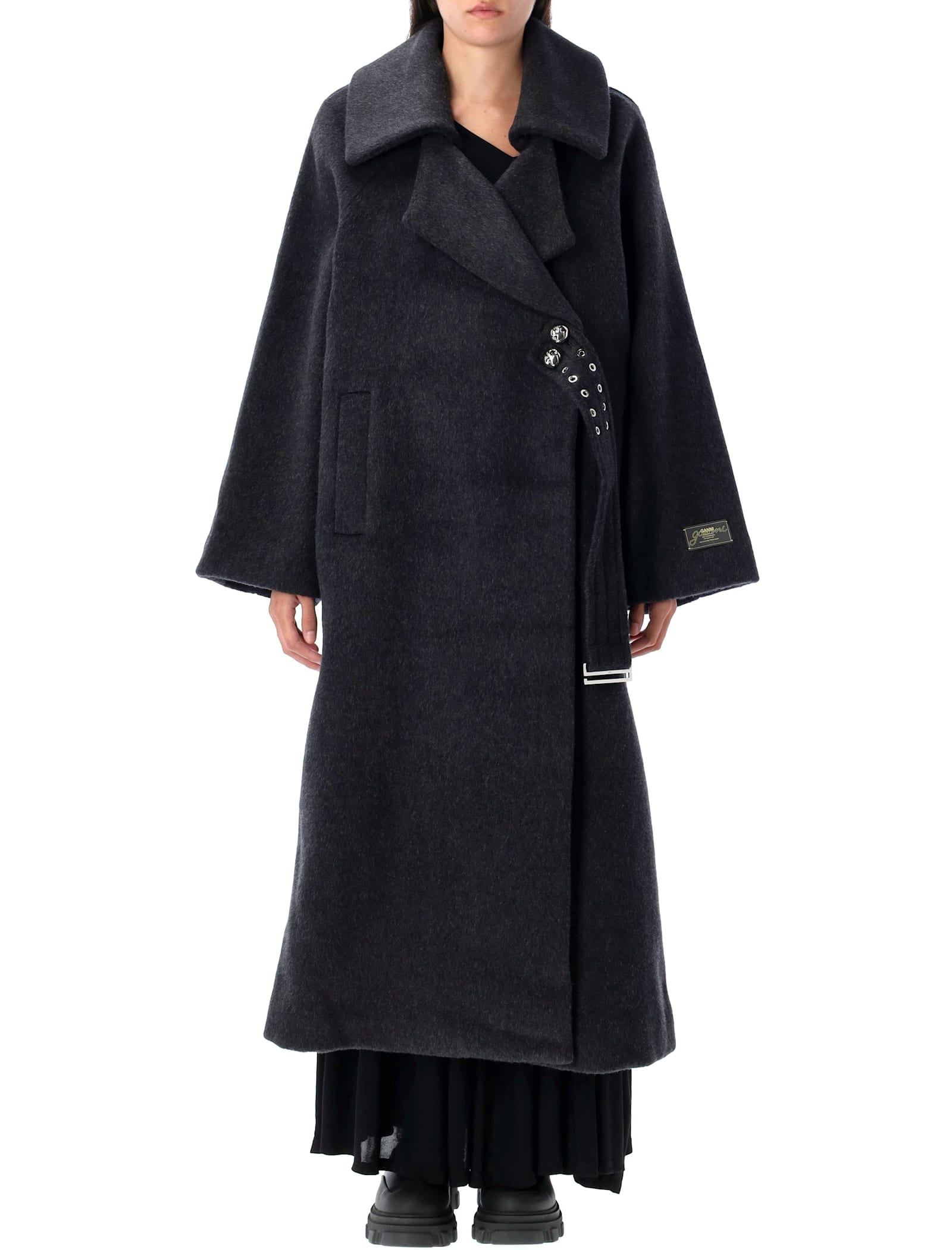 Ganni Double Wool Long Coat In Black