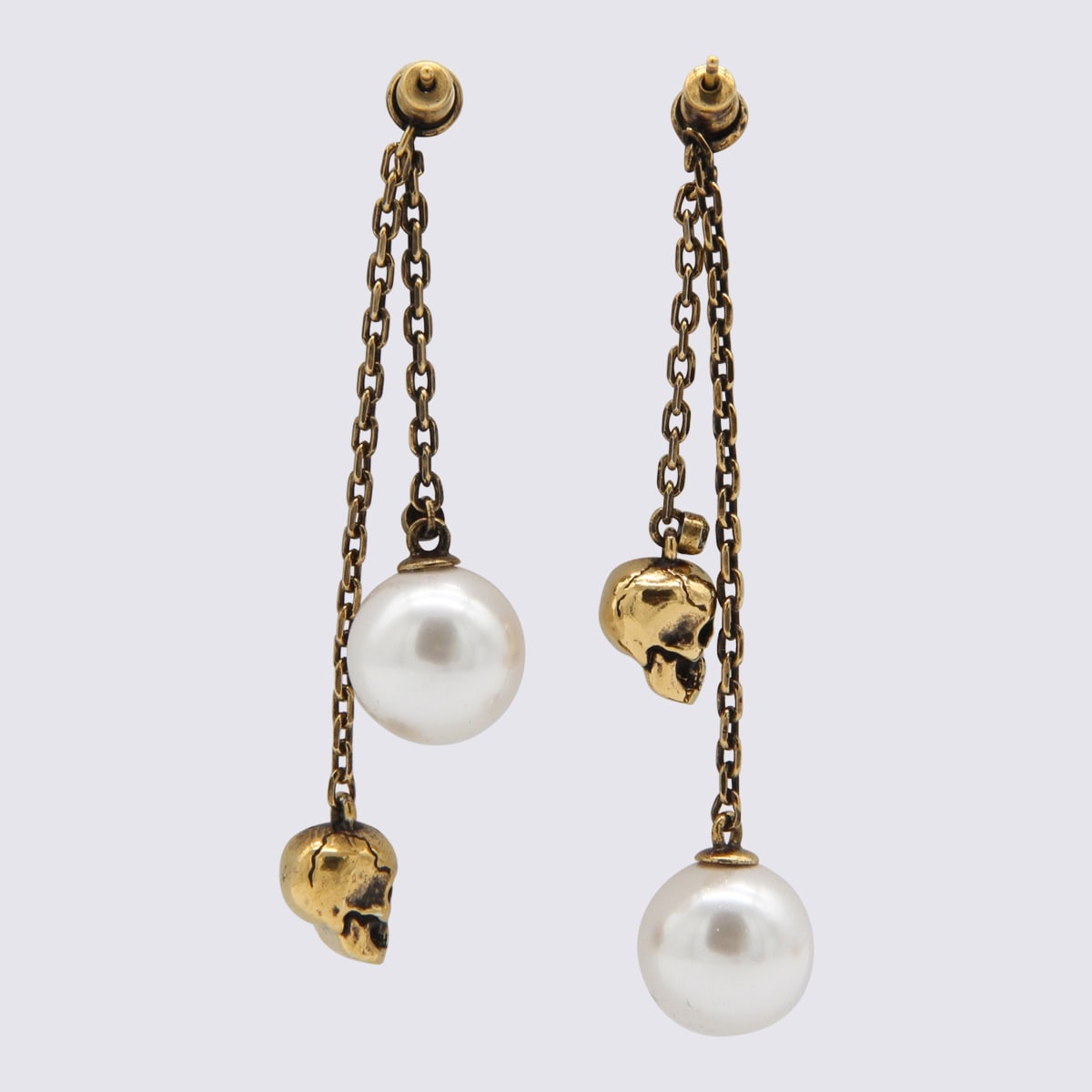 Shop Alexander Mcqueen Antique Gold Metal And Pearl Skull Chain Earrings In Mix