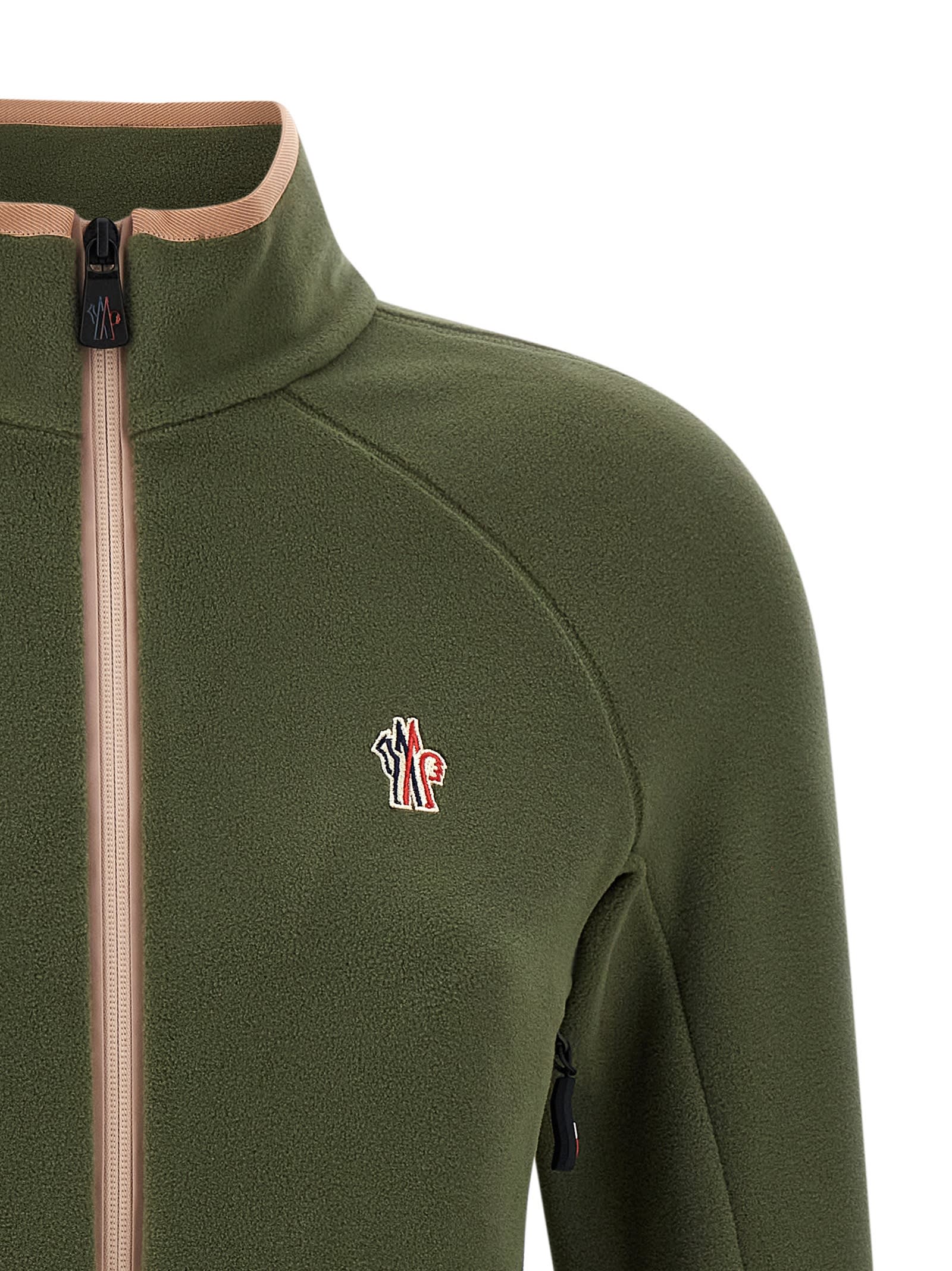 Moncler High Collar Long Sleeve Cardigan Sweater In Green