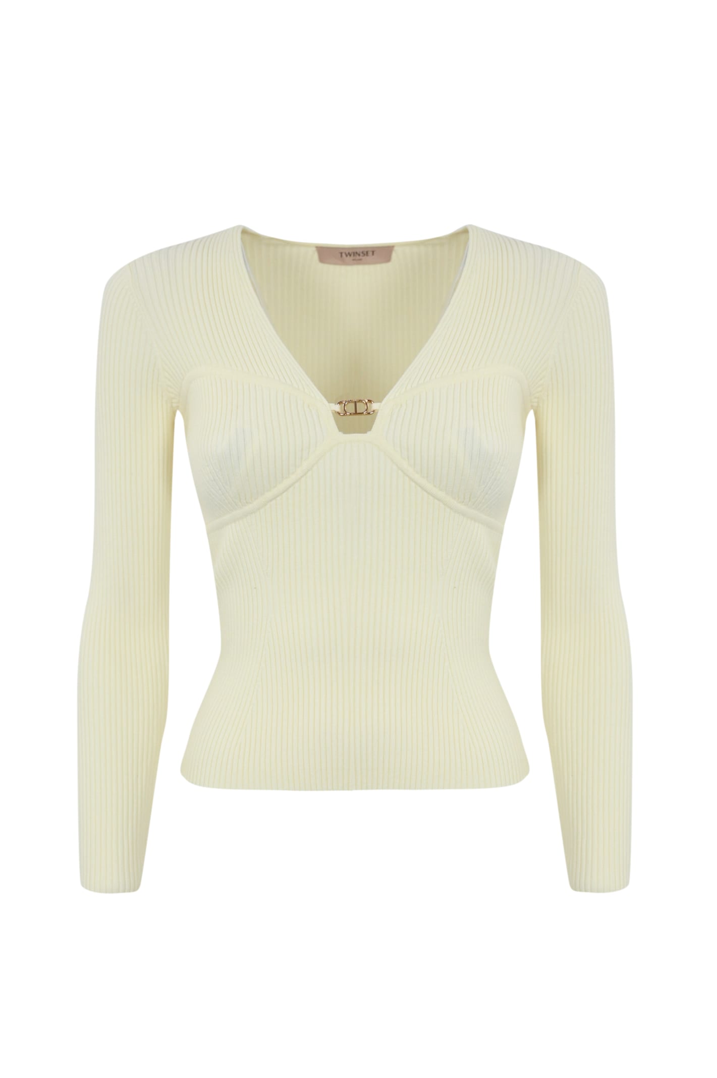 Shop Twinset Ribbed Viscose Sweater With Oval-t In Neve