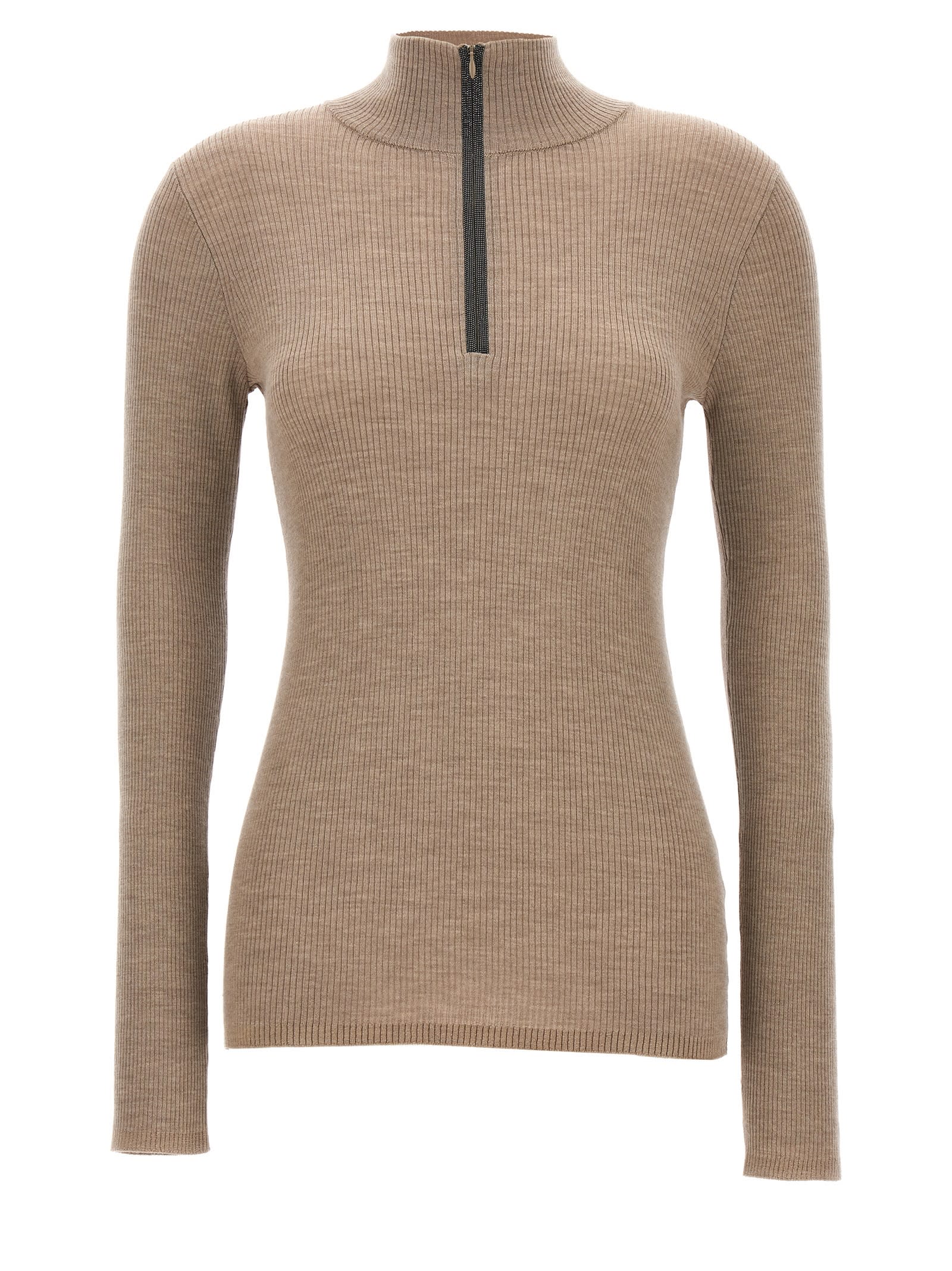 BRUNELLO CUCINELLI LIGHTWEIGHT RIBBED VIRGIN WOOL AND CASHMERE SWEATER WITH PRECIOUS HALF ZIP