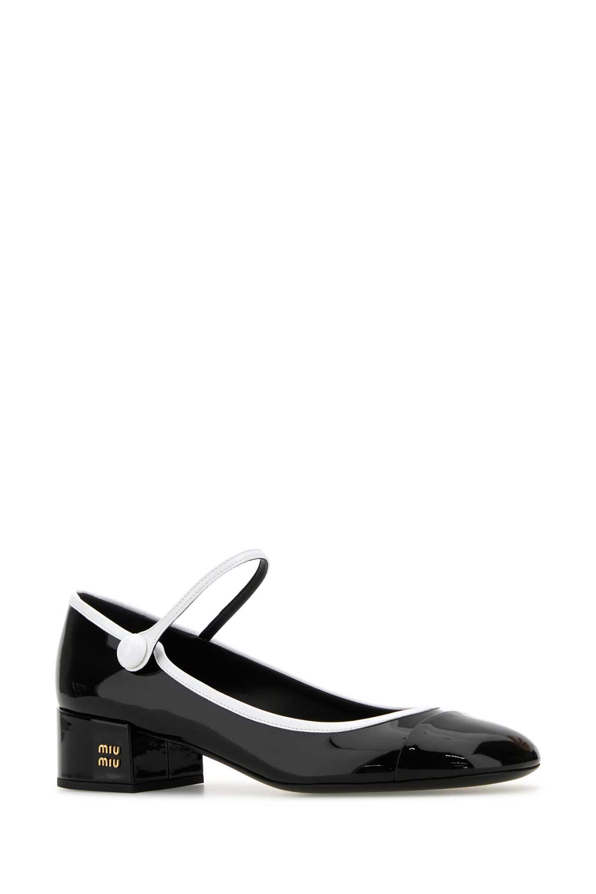 Miu Miu Leather Block Heel Pumps With Patent Finish In Nerobianco