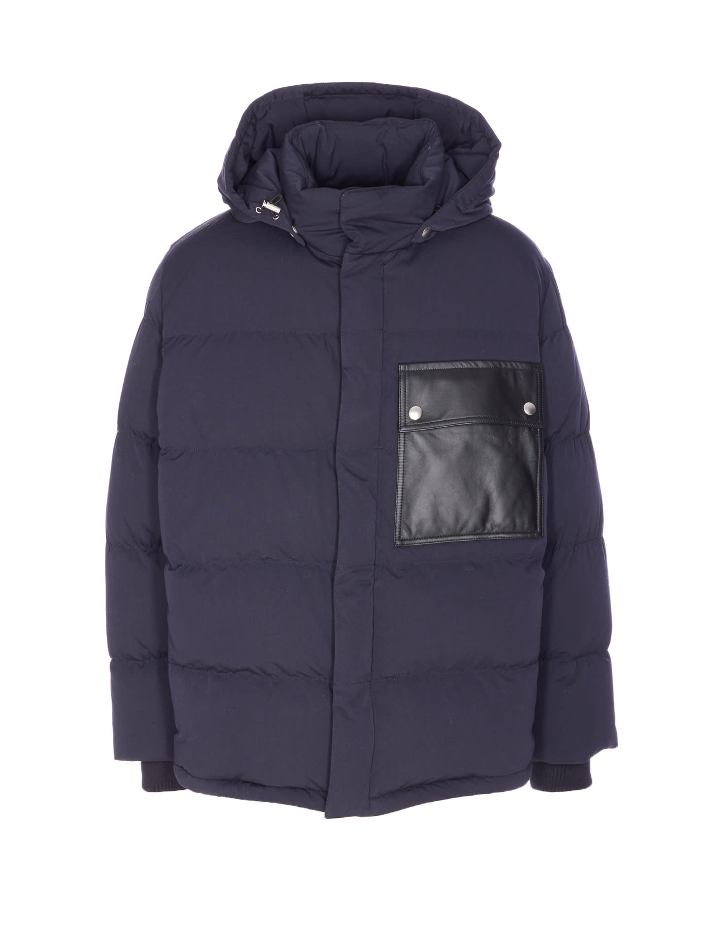 Bottega Veneta Men Down Jacket With Intrecciato Leather Patches On Elbow In Blue