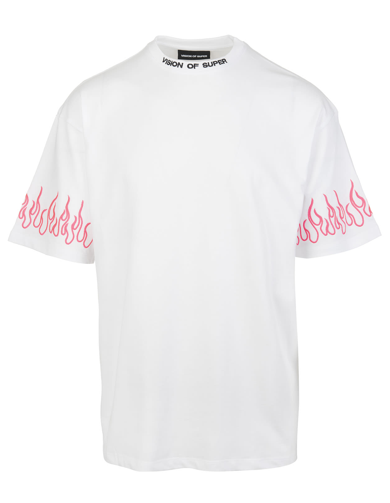 Vision of Super Man White T-shirt With Pink Embroidered Flames