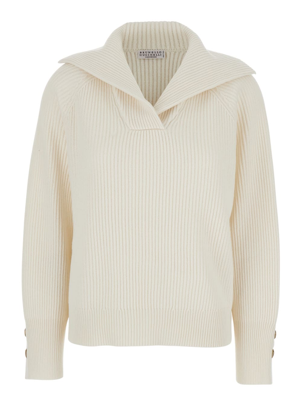 Brunello Cucinelli White Ribbed Knit Sweater With V Neck In Wool And Cashmere Blend Woman In White