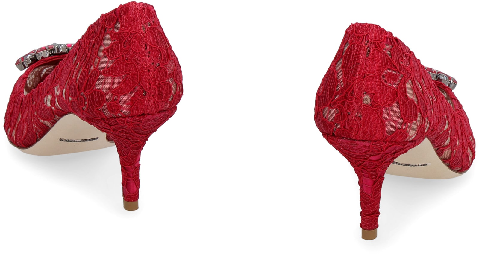 Dolce & Gabbana Bellucci 60 Brooch Embellished Lace Pumps In Red