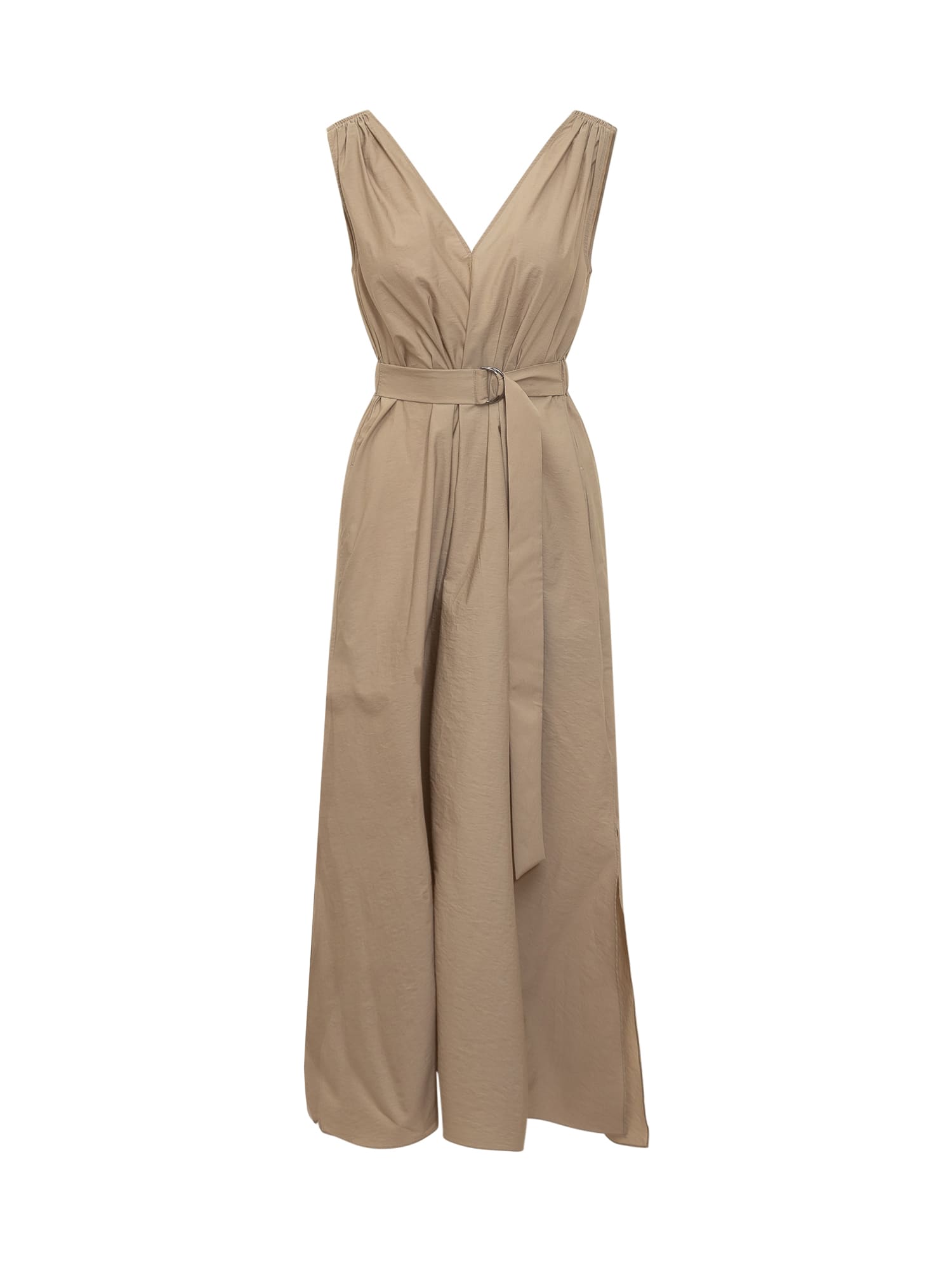 Shop Brunello Cucinelli Techno Cotton Poplin Dress With Precious Shoulder Detail In Cartone