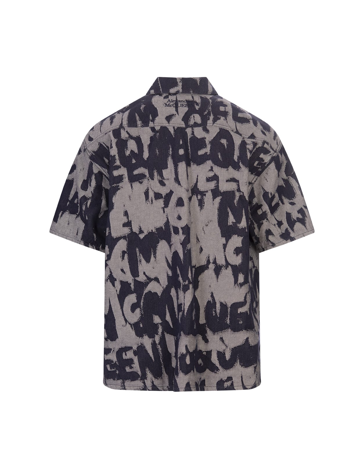 Shop Alexander Mcqueen Mcqueen Graffiti Denim Hawaiian Shirt In Indigo In Blue