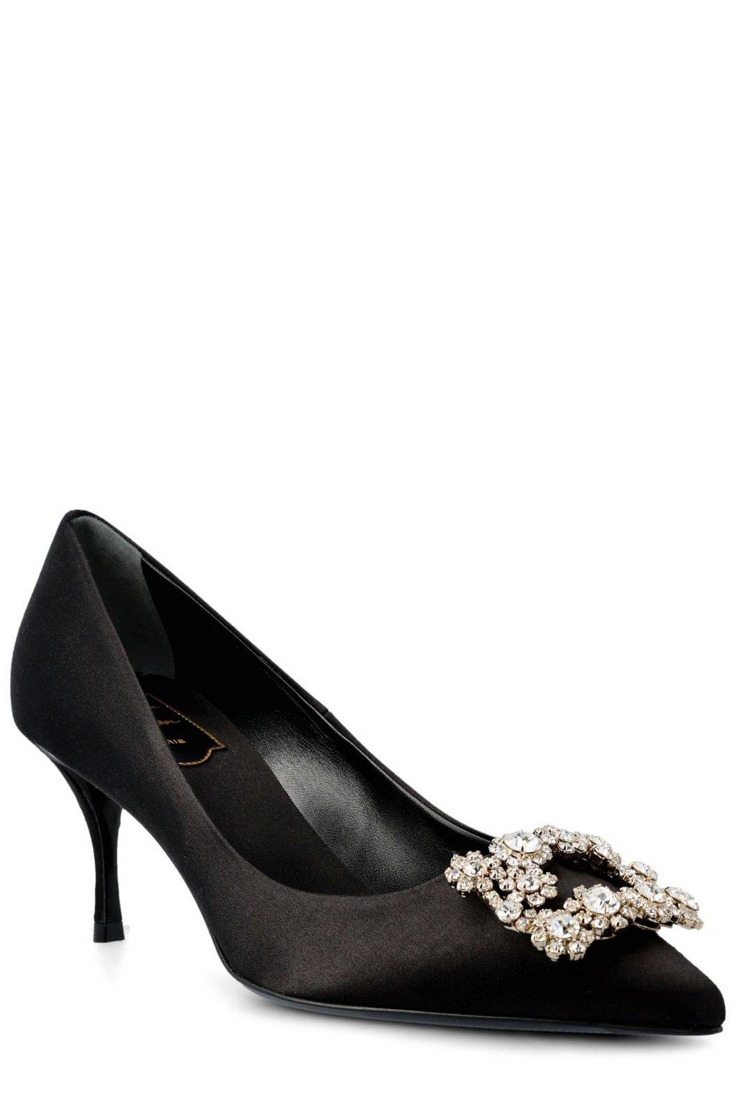 Roger Vivier 65 Crystal Flower Buckle Satin Pumps In Black