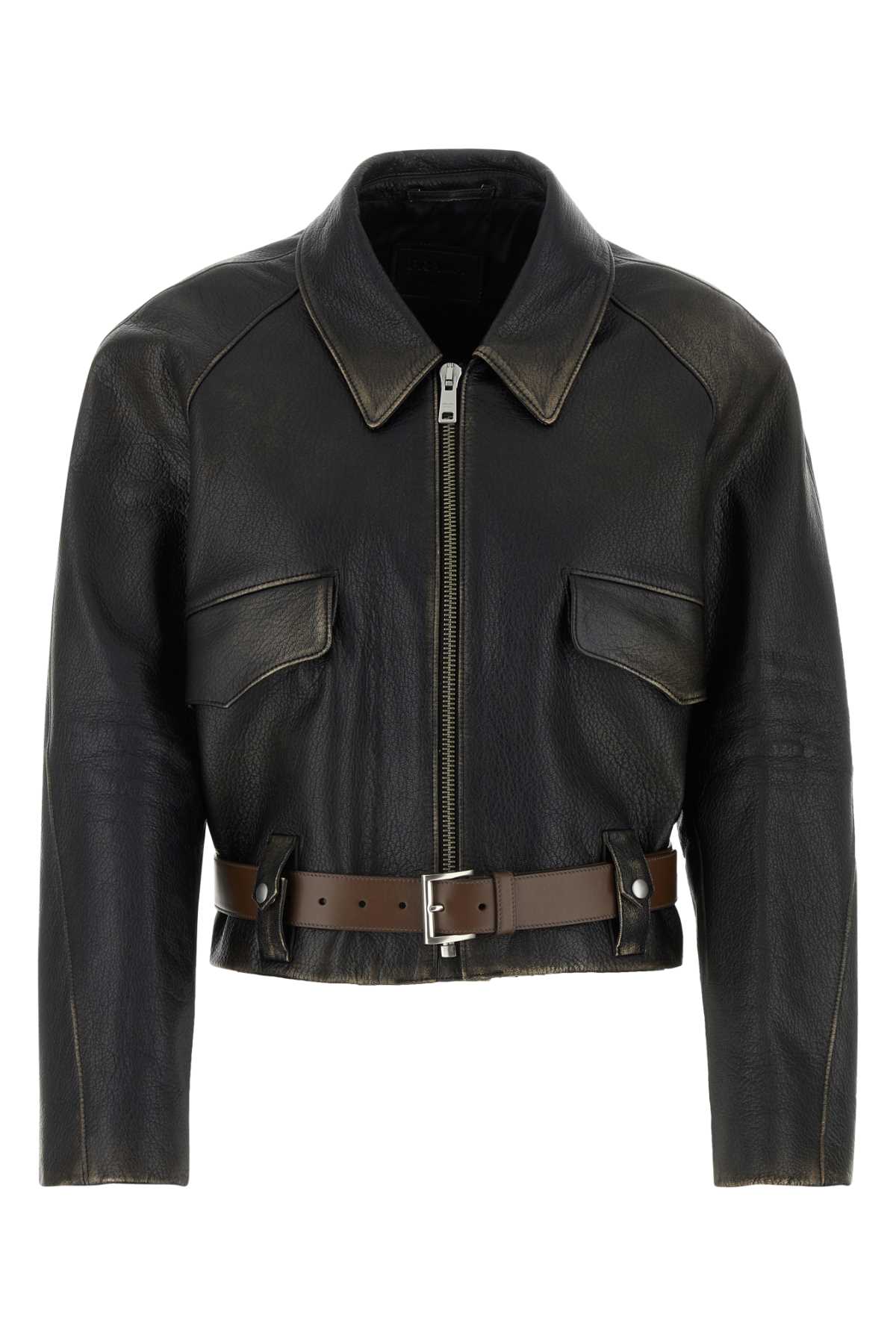 Shop Prada Black Leather Jacket In Nero