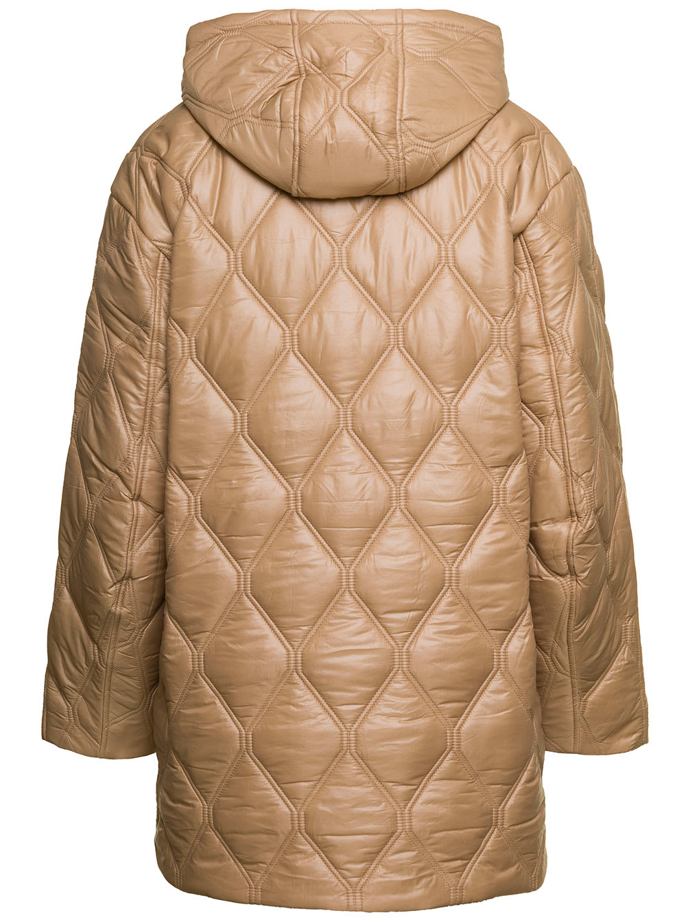 Shop Ganni Beige Quilted Down Jacket With Hood In Recycled Nylon Woman