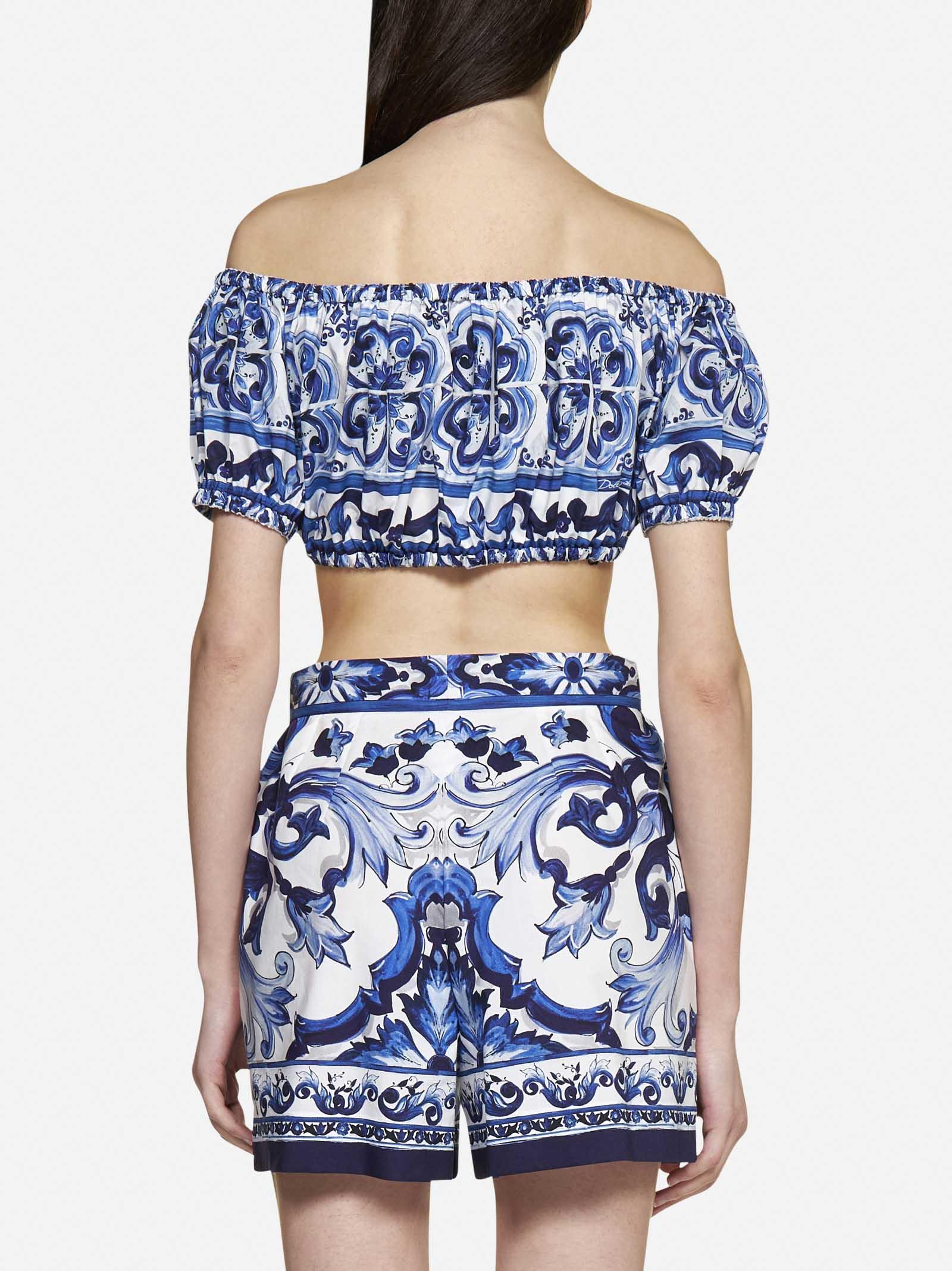 Shop Dolce & Gabbana Majolica Print Cotton Cropped Top In Blue