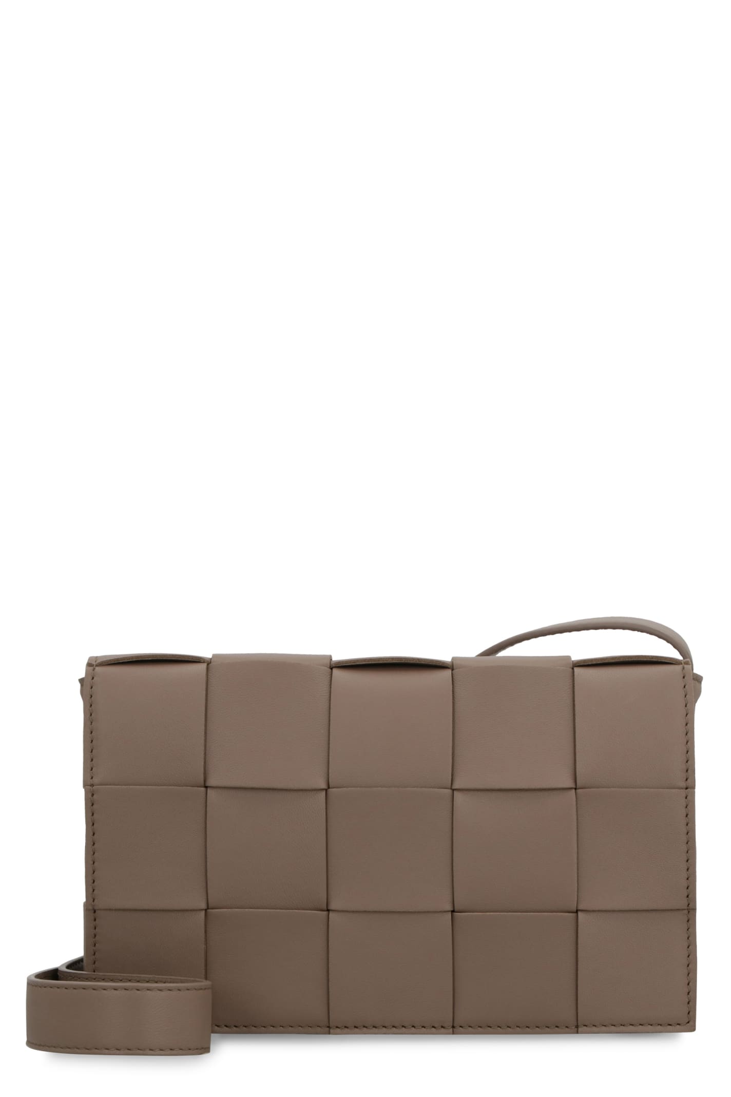 Shop Bottega Veneta Cassette Leather Crossbody Bag In Taupe Grey-gold
