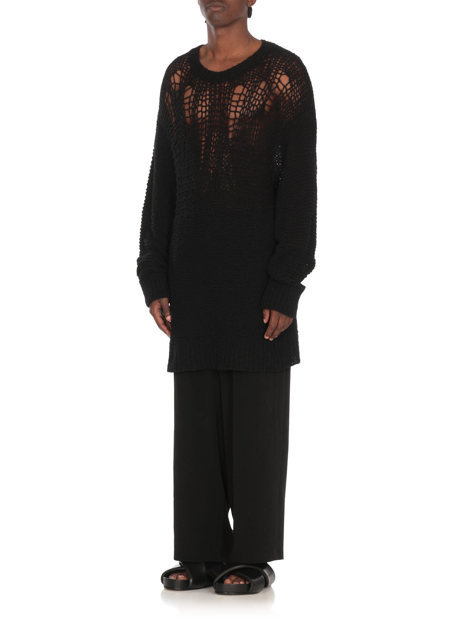 Yohji Yamamoto Long-sleeved Openwork Sweater In Black