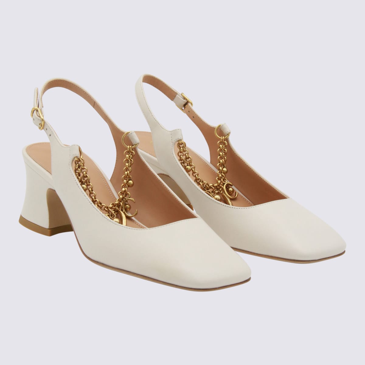 Chloé Chunky Heel Chain Square Toe Pumps In White
