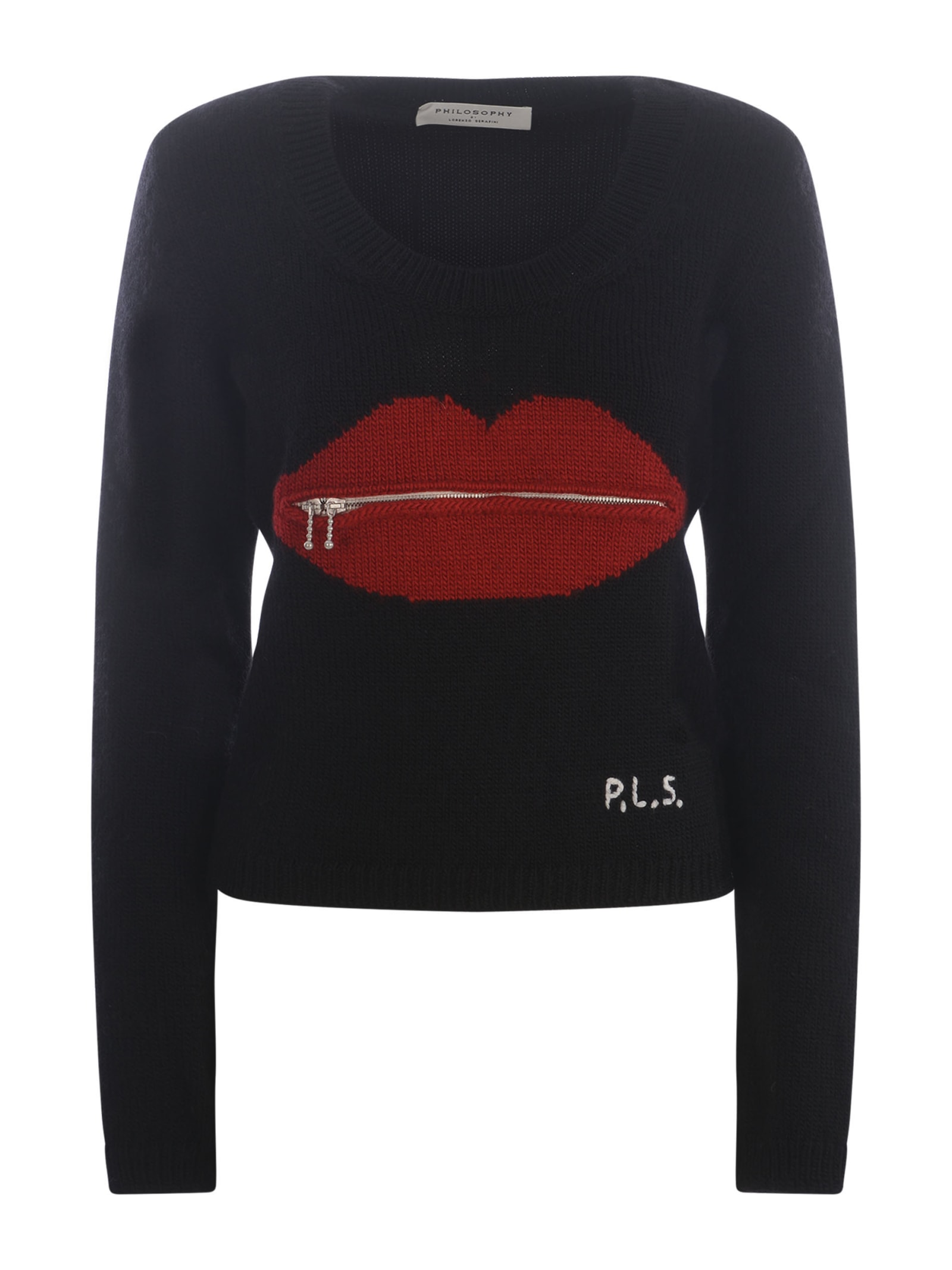 Shop Philosophy Di Lorenzo Serafini Sweater Philosophy Red Lips In Virgin Wool In Nero