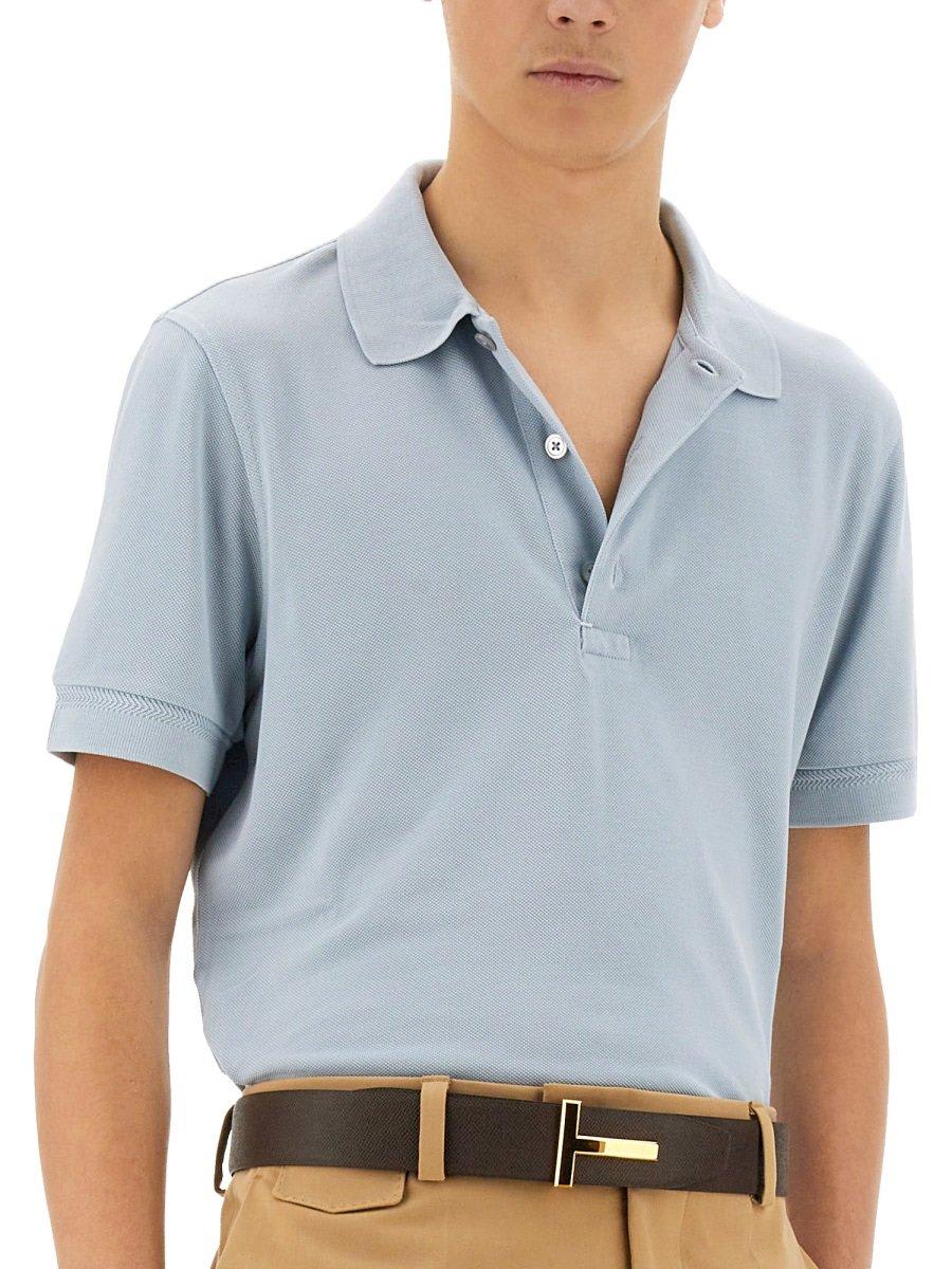 Tom Ford Light-blue Short-sleeves Polo In Cotton Piquet Jersey Man In Baby Blue