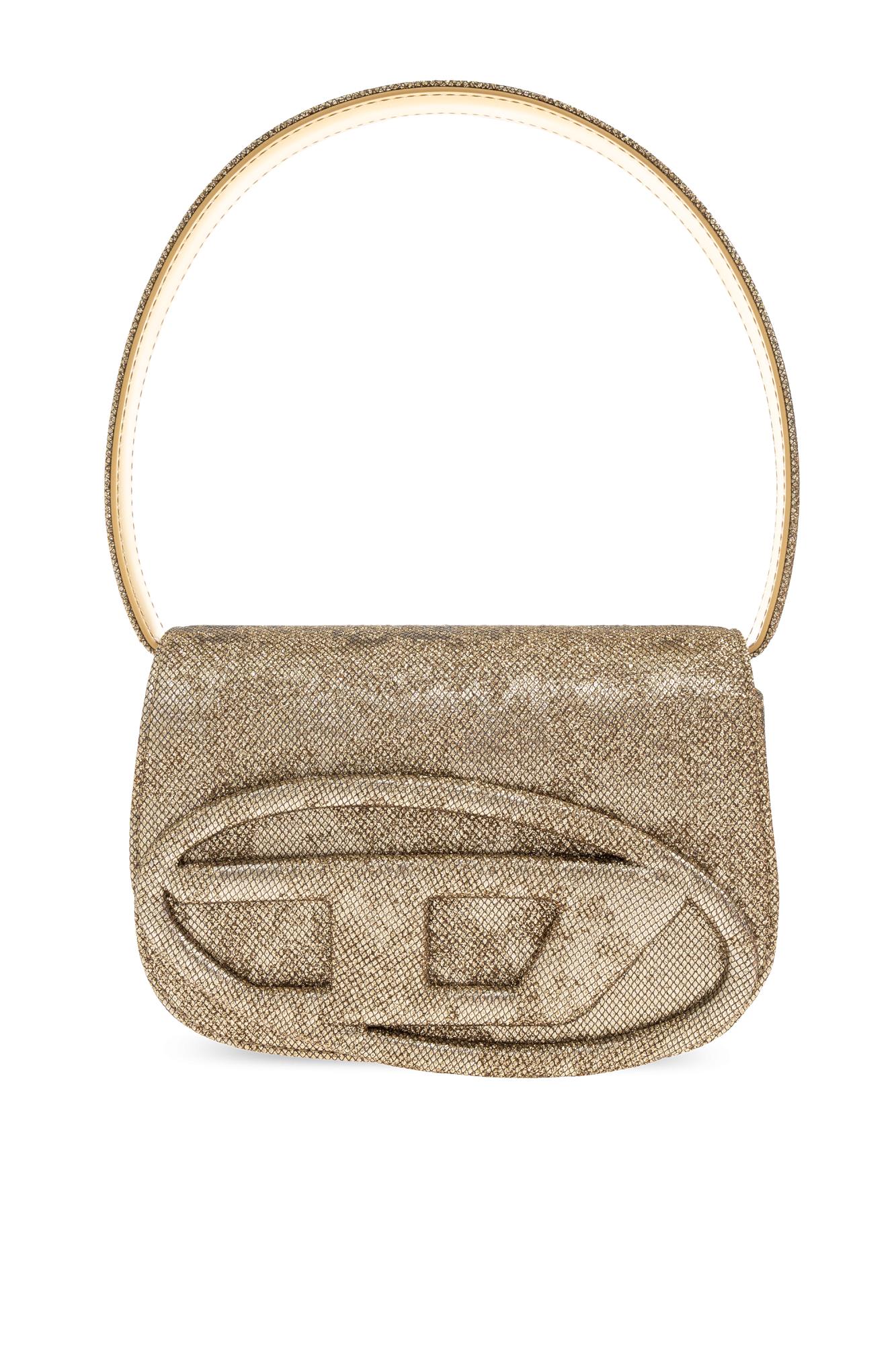 Diesel Oval-d Logo Glittered Denim Shoulder Bag In Gold