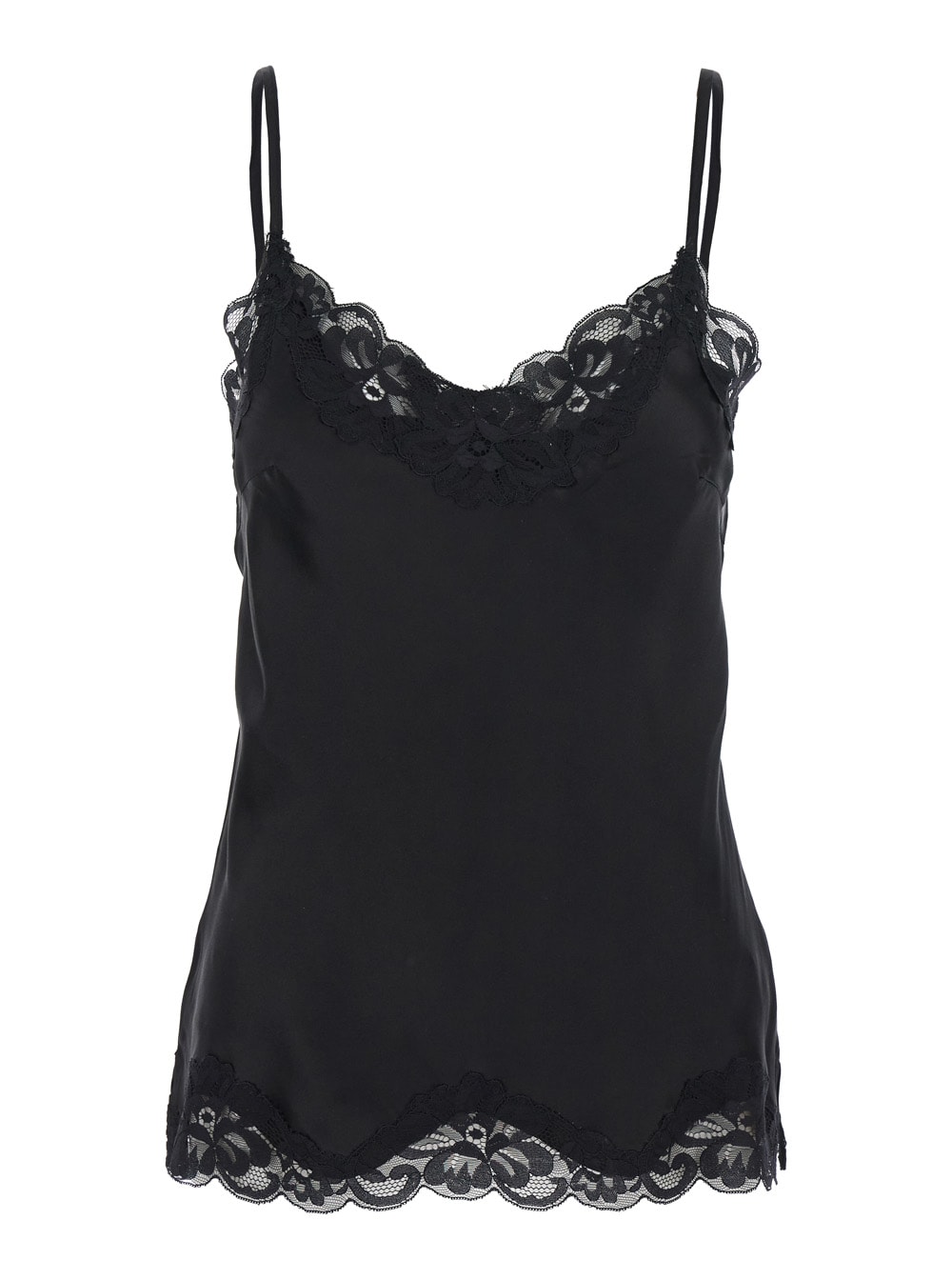 Black Sleeveless Top With Adjustable Spaghetti Straps And Floral Emellishment In Silk Woman