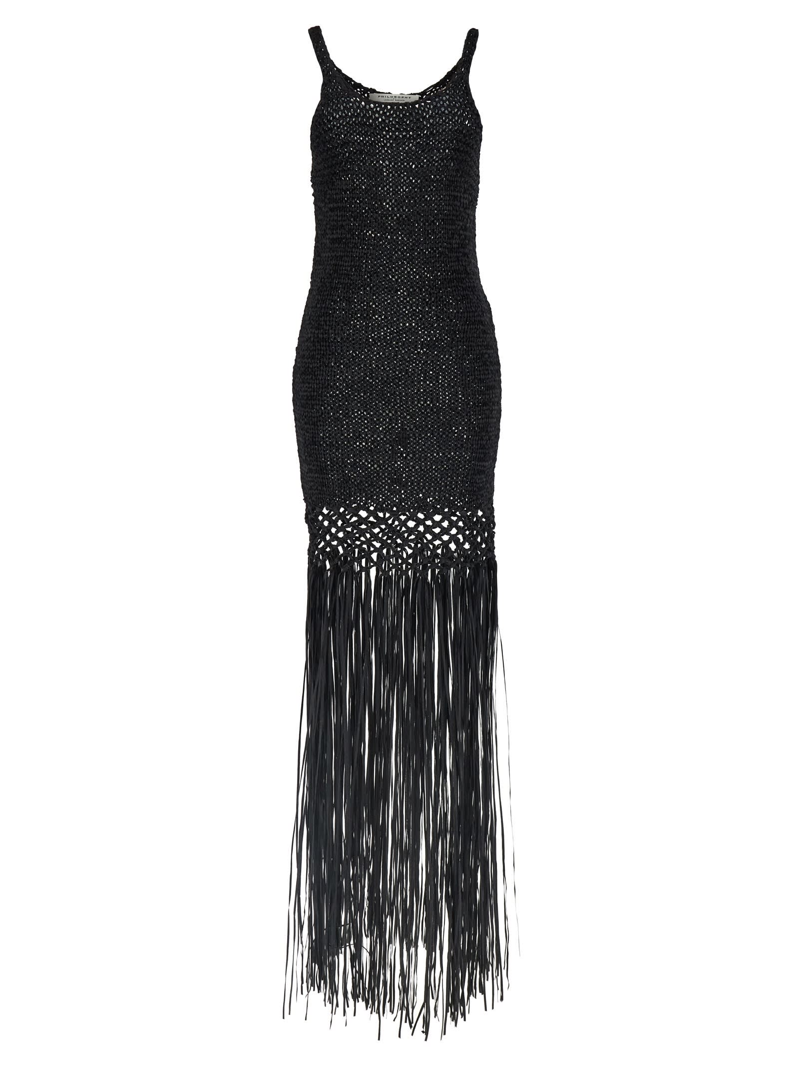 Philosophy Di Lorenzo Serafini Black Long Dress With U-neck And Long Fringes Applied To The Edges In Fabric Woman