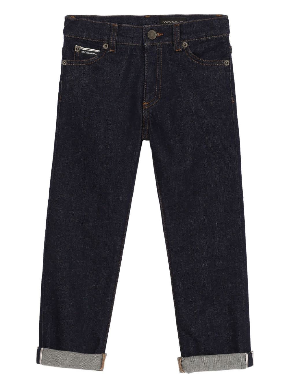 Shop Dolce & Gabbana Blue 5 Pocket Stretch Denim Jeans With Logo Plaque