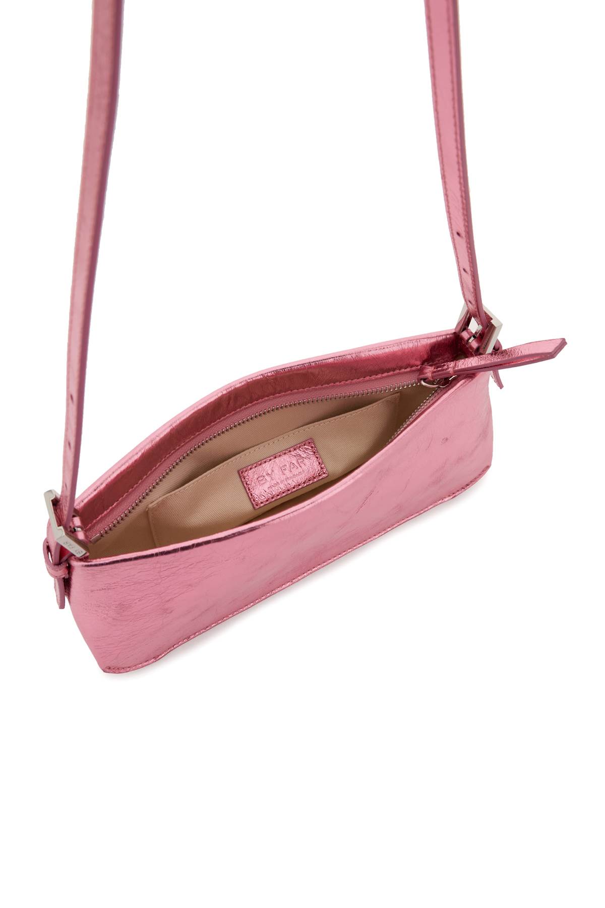 Shop By Far Metallic Leather Dulce Shoulder Bag In Lipstick (pink)