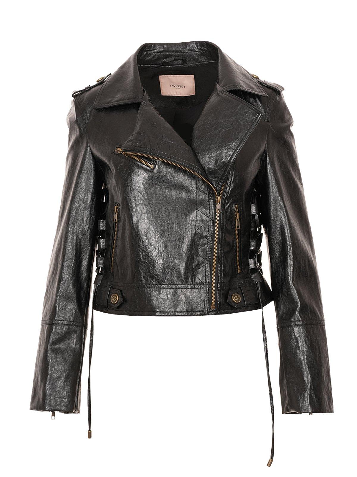 Shop Twinset Logo-plaque Zipped Biker Jacket In Black