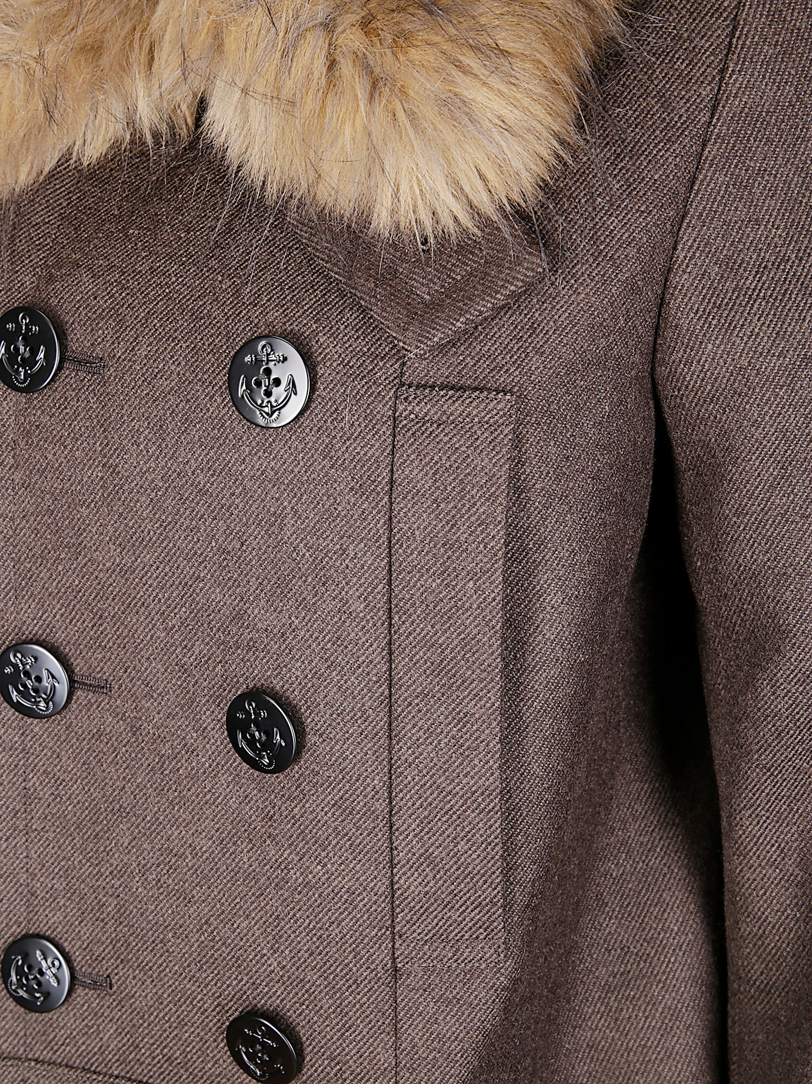 Sacai Fur-collar Double-breasted Wool Coat In Brown