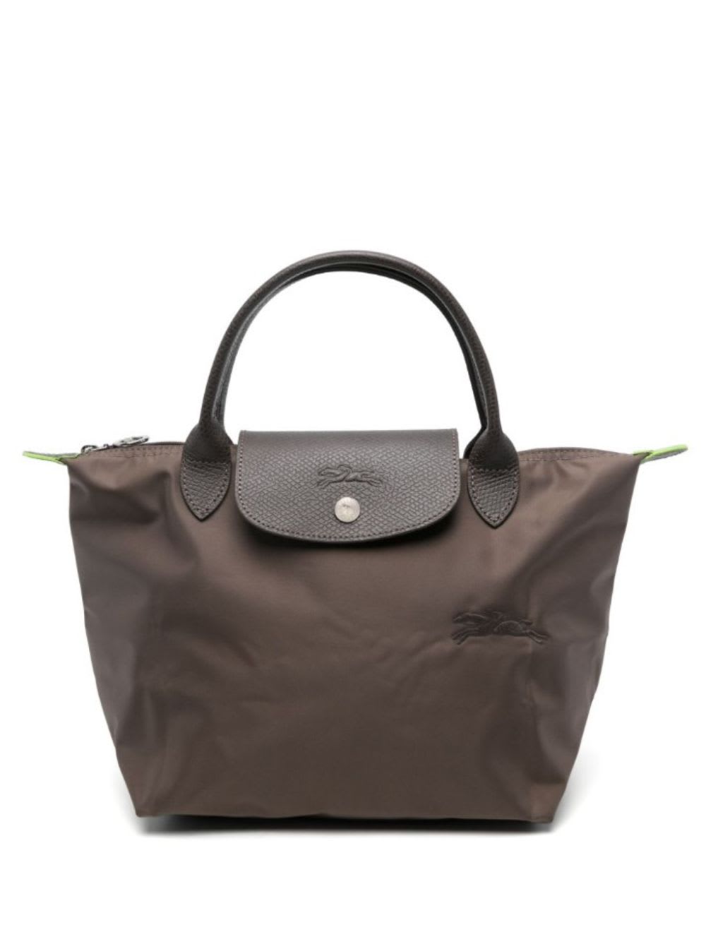 Longchamp's Le Pliage Green Brown Handbag With Engraved Logo In Recycled Canvas Woman